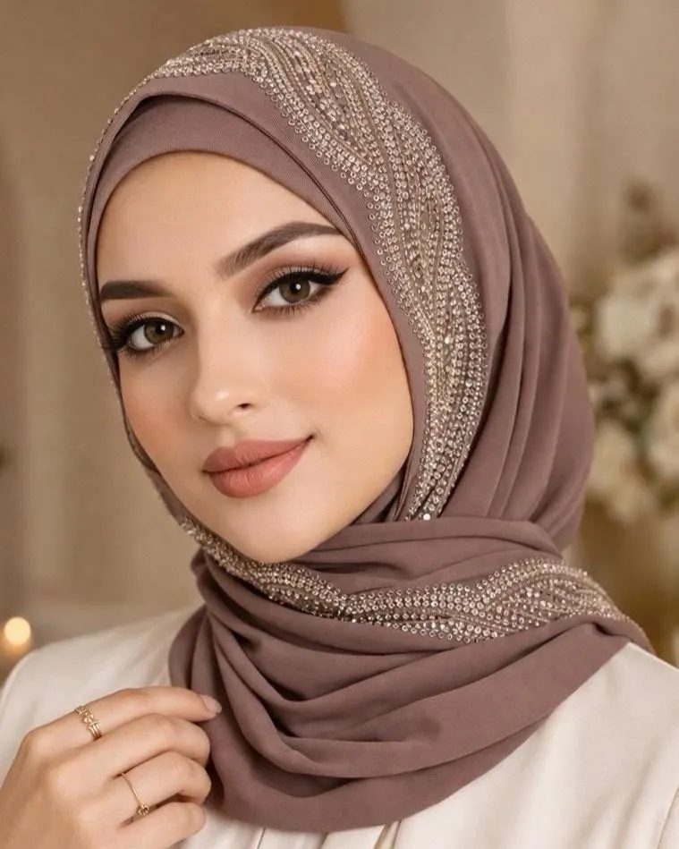 Chiffon Hijab with Rhinestone Trim – Elegant Sparkle Scarf for Eid, Wedding, Party | Multiple Colors