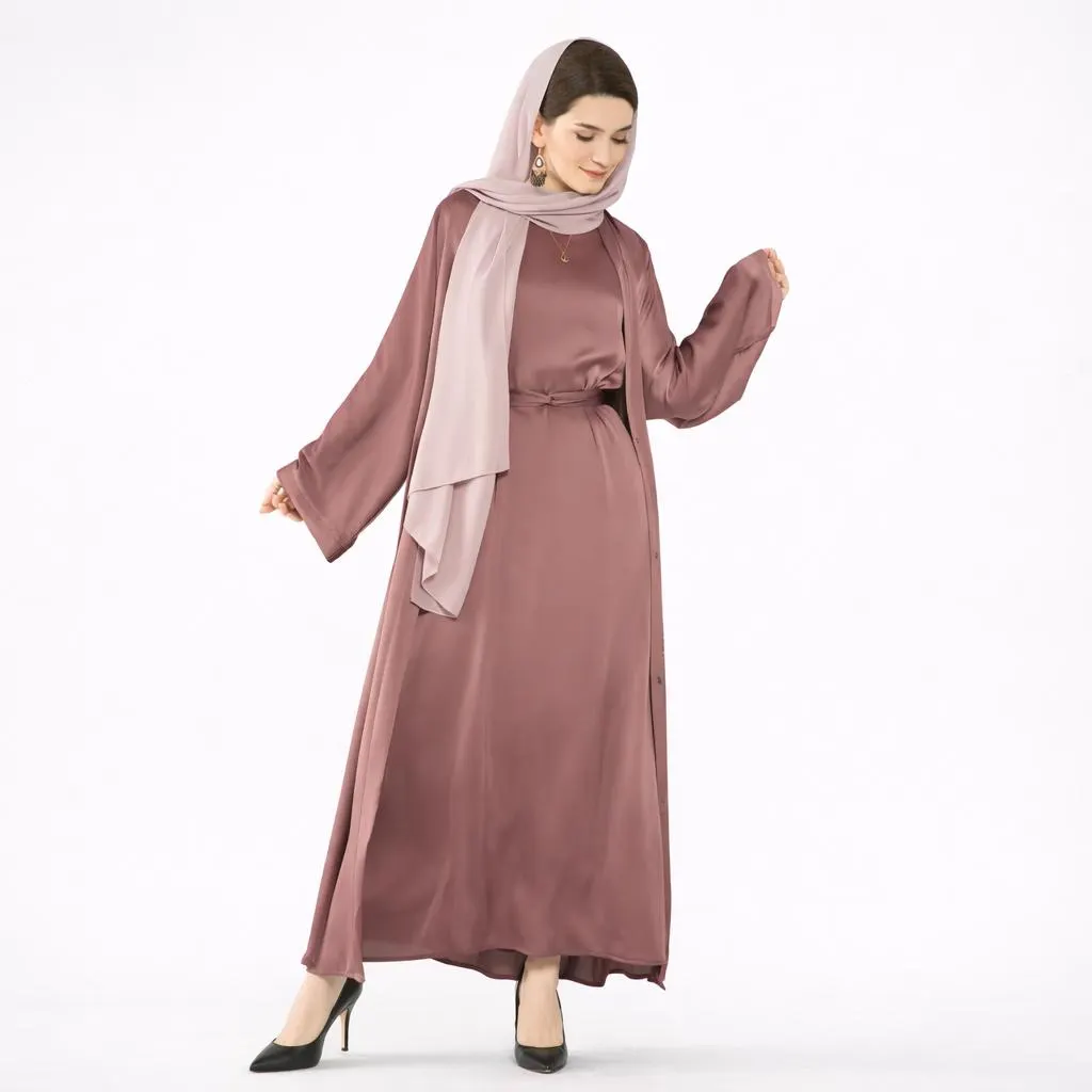 Dusty Rose Satin Abaya Set, 2 Piece Modest Wedding Guest Dress, Dubai Style Outfit