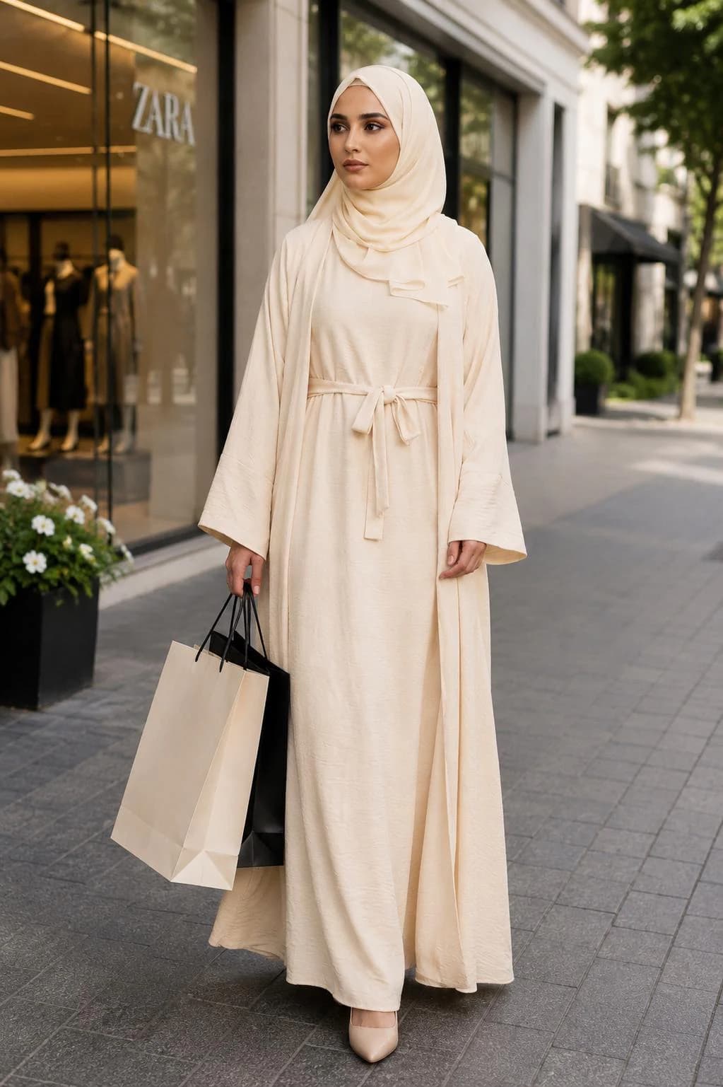 Luxury Beige 2 Piece Abaya Set, Modest Maxi Dress, Open Kimono Abaya