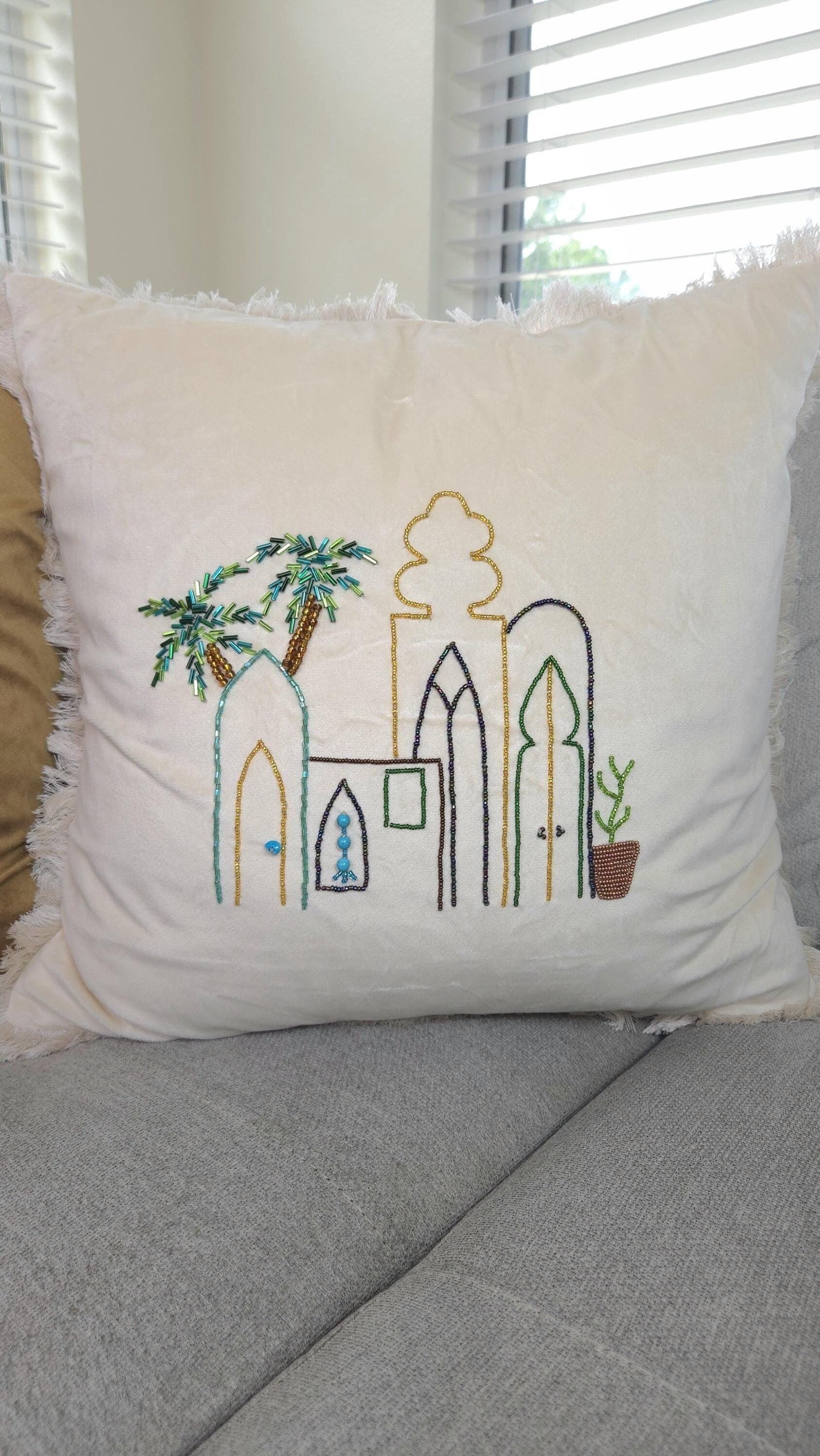 Hand Beaded Ramadan Throw Pillow: Velvet Cushion Cover (18" X 18")