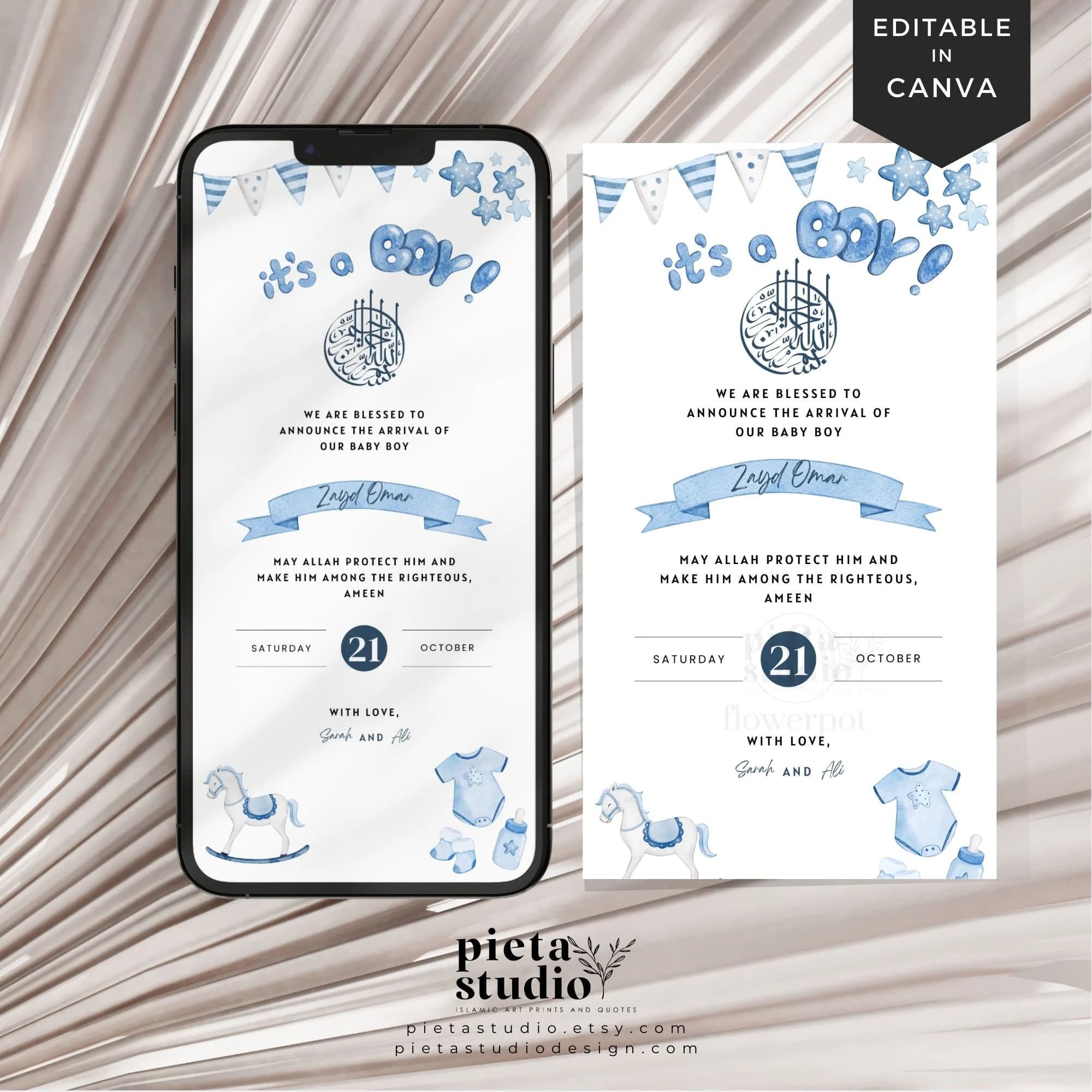 Islamic Birth Announcement Template Boy, Muslim Baby Announcement Digital Boy, Muslim Newborn Card Canva, Islamic Baby Shower Favors Boy