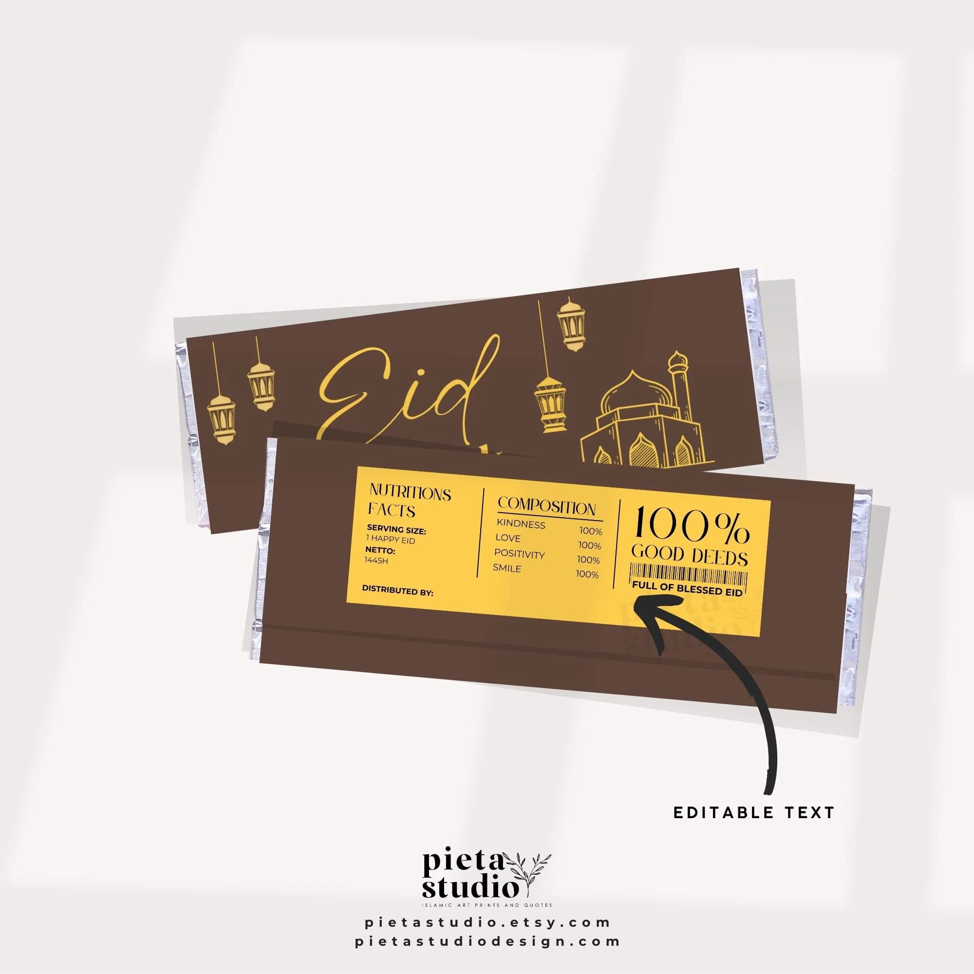 Digital Printable of Eid Mubarak Gifts Chocolate wrapper template canva