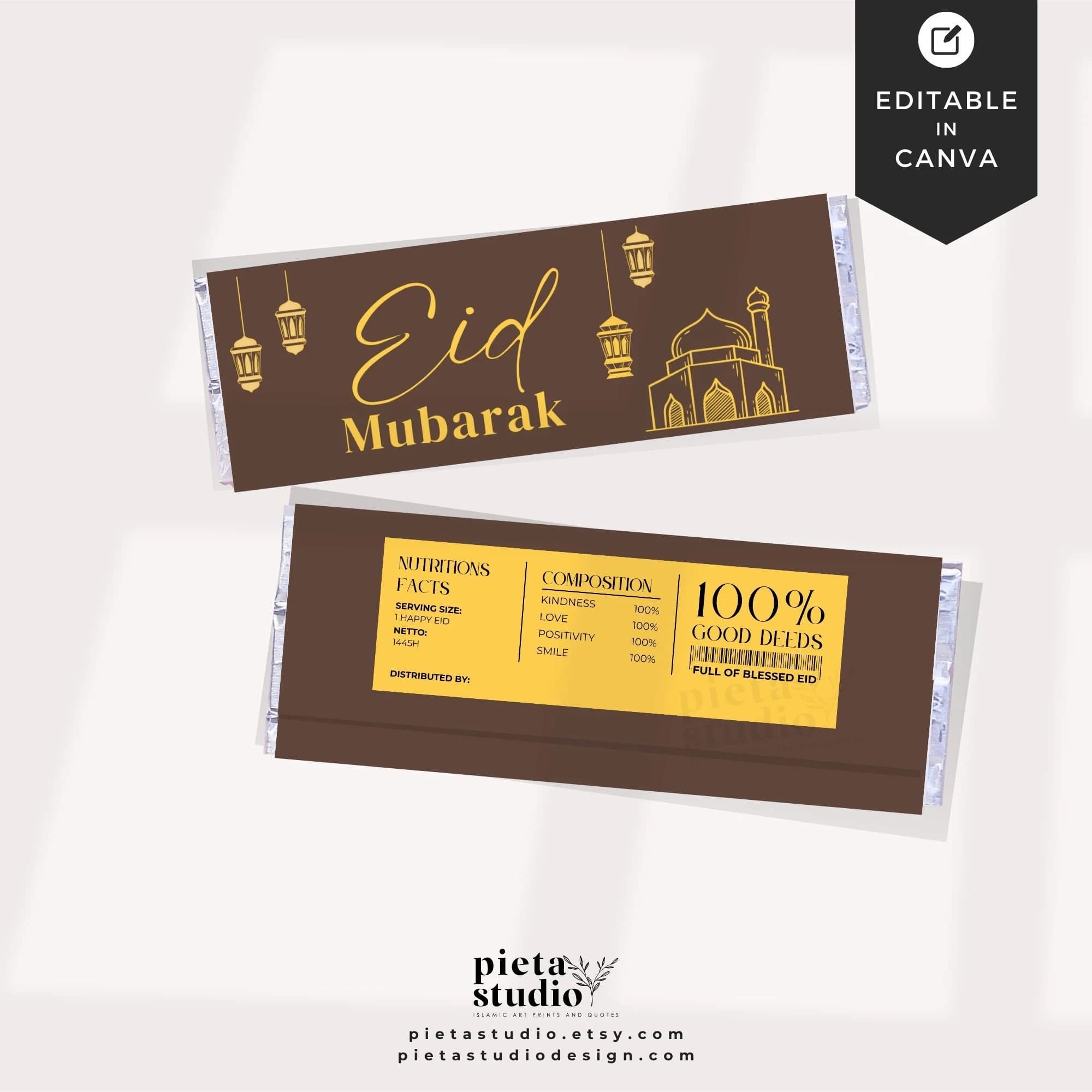 Chocolate Wrapper for Eid, Eid Gifts for Women, Chocolate Wrapper Editable Canva Template, Gifts for Eid Al Fitr, Islamic gifts for kids