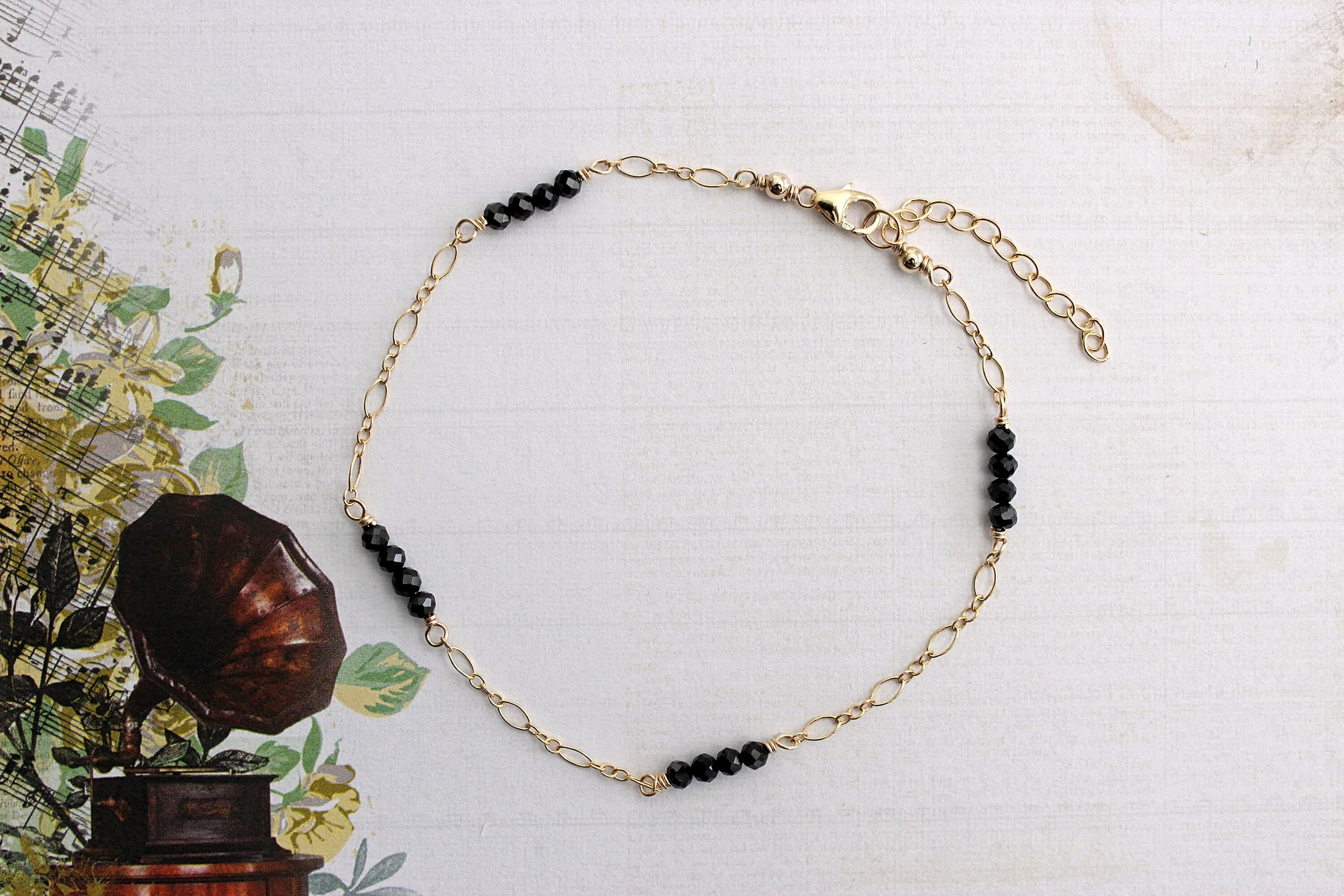 Black Spinel 14k Gold-Filled 9-inch Ankle Bracelet with 1.5-inch Extension Chain