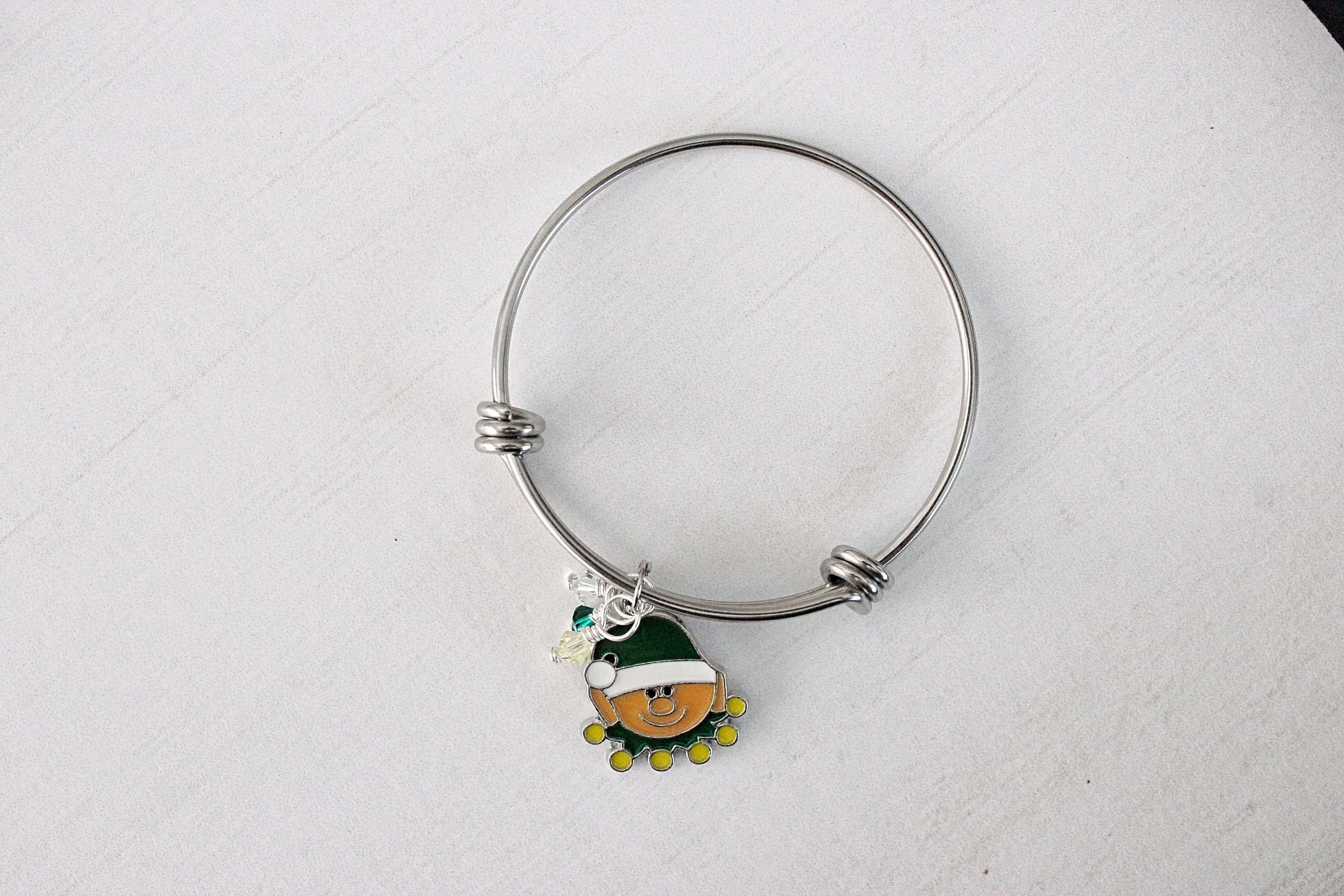 Child-Size Christmas Enamel Elf Charm & Swarovski Crystal Stainless Steel Bangle (for kids!)
