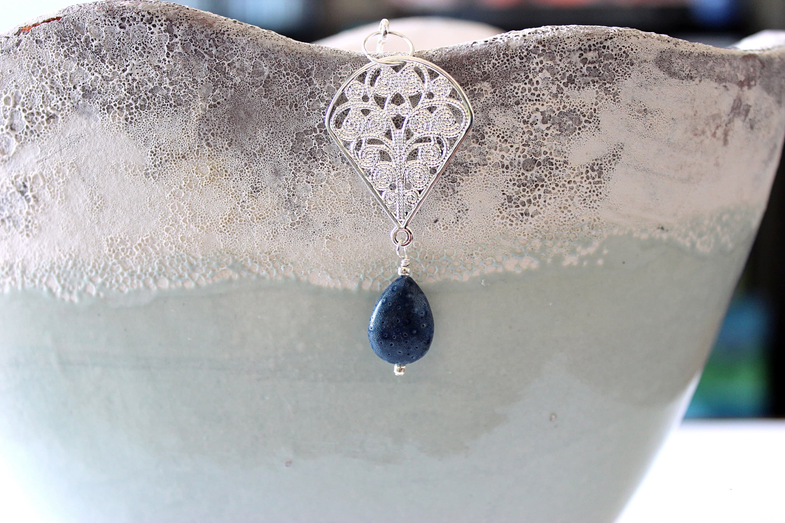 Upside-Down Blue Coral Silver-Plated Teardrop Hat or Scarf Pin