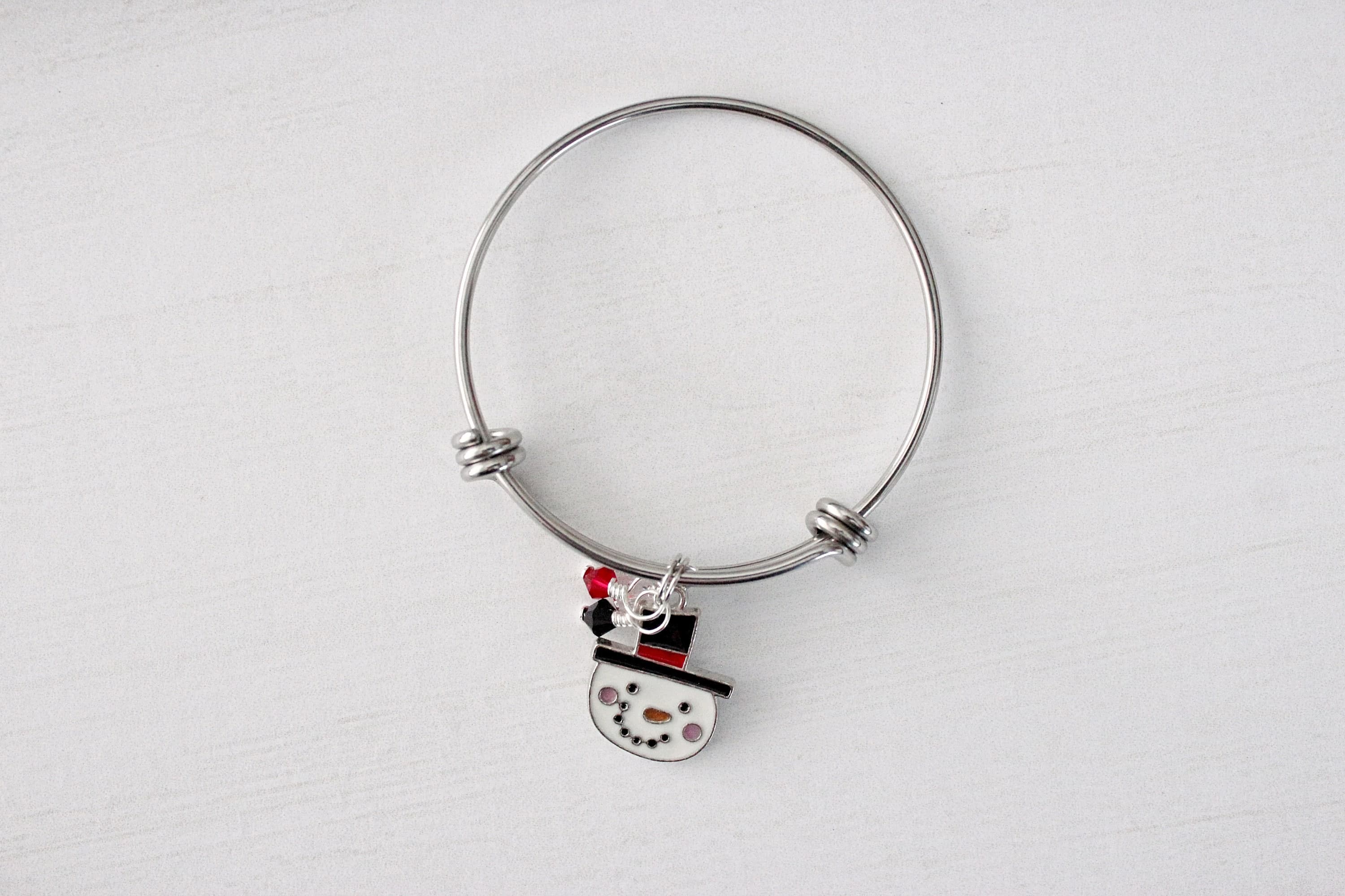 Child-Size Christmas Enamel Snowman Charm & Swarovski Crystal Stainless Steel Bangle (for kids!)