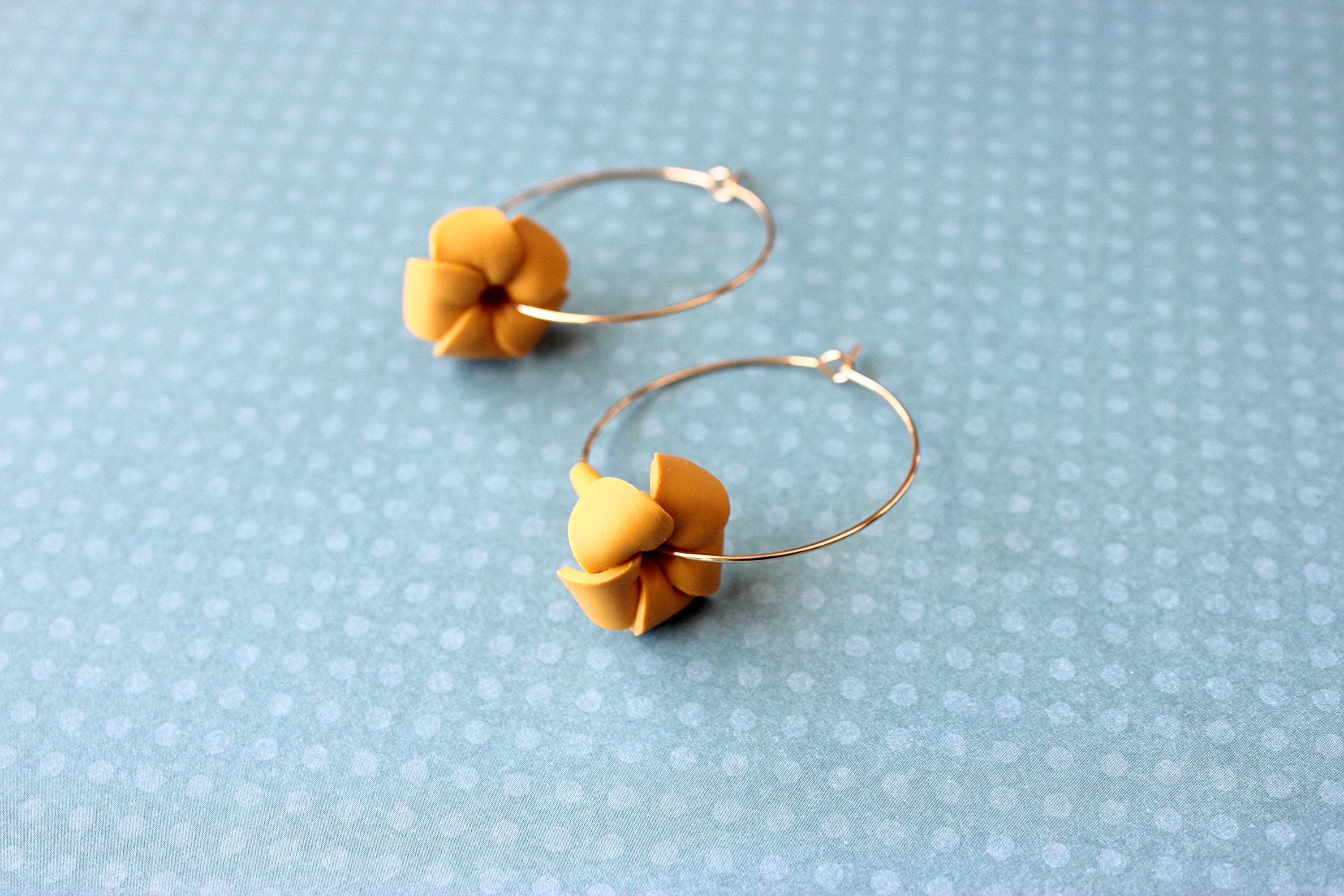 Puakenikeni (Perfume Flower) Orange Polymer Clay 14k Gold-Filled Hoop Earrings