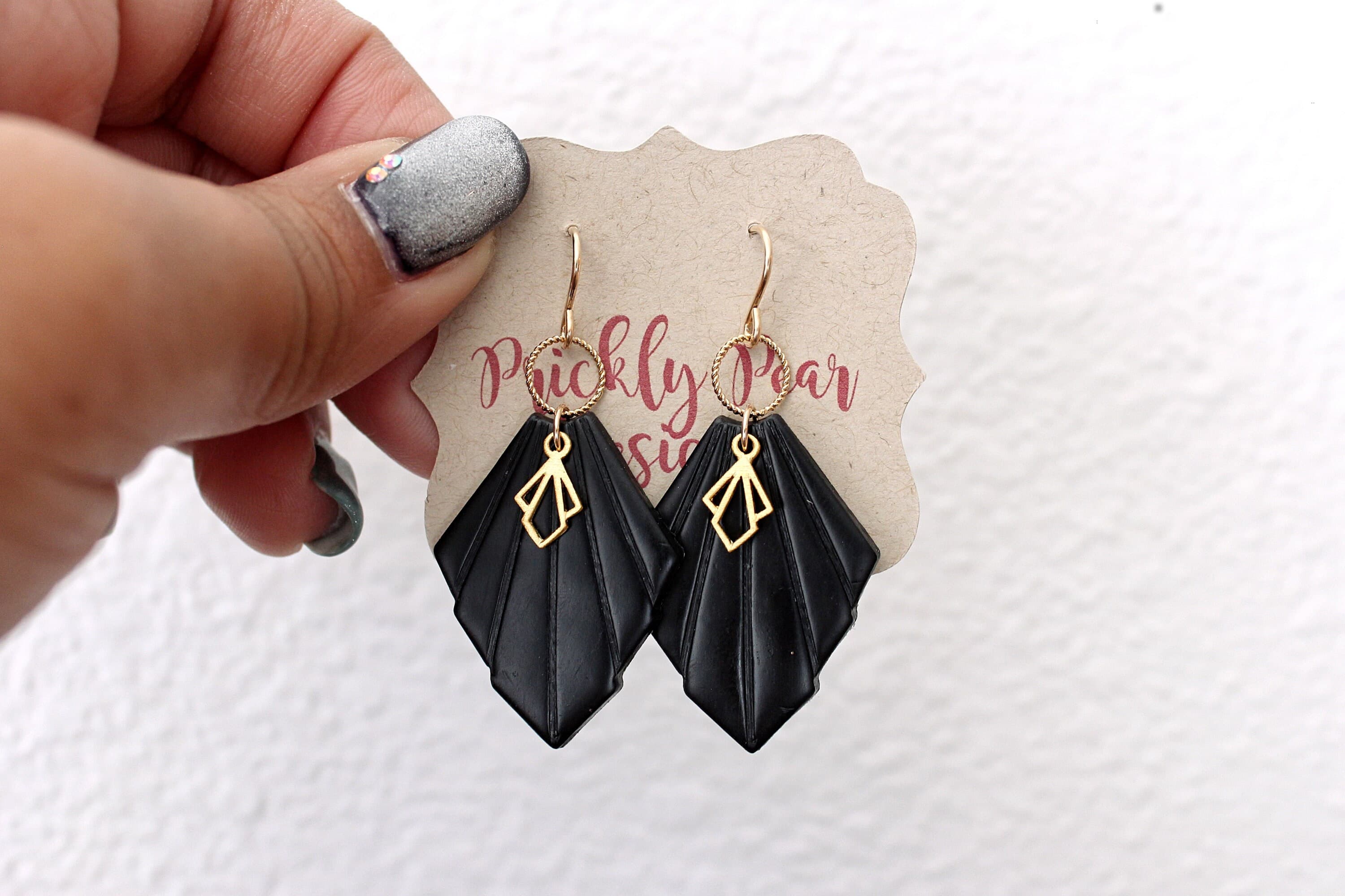 Black Art Deco Polymer Clay 14k Gold-Filled Earrings - image 3