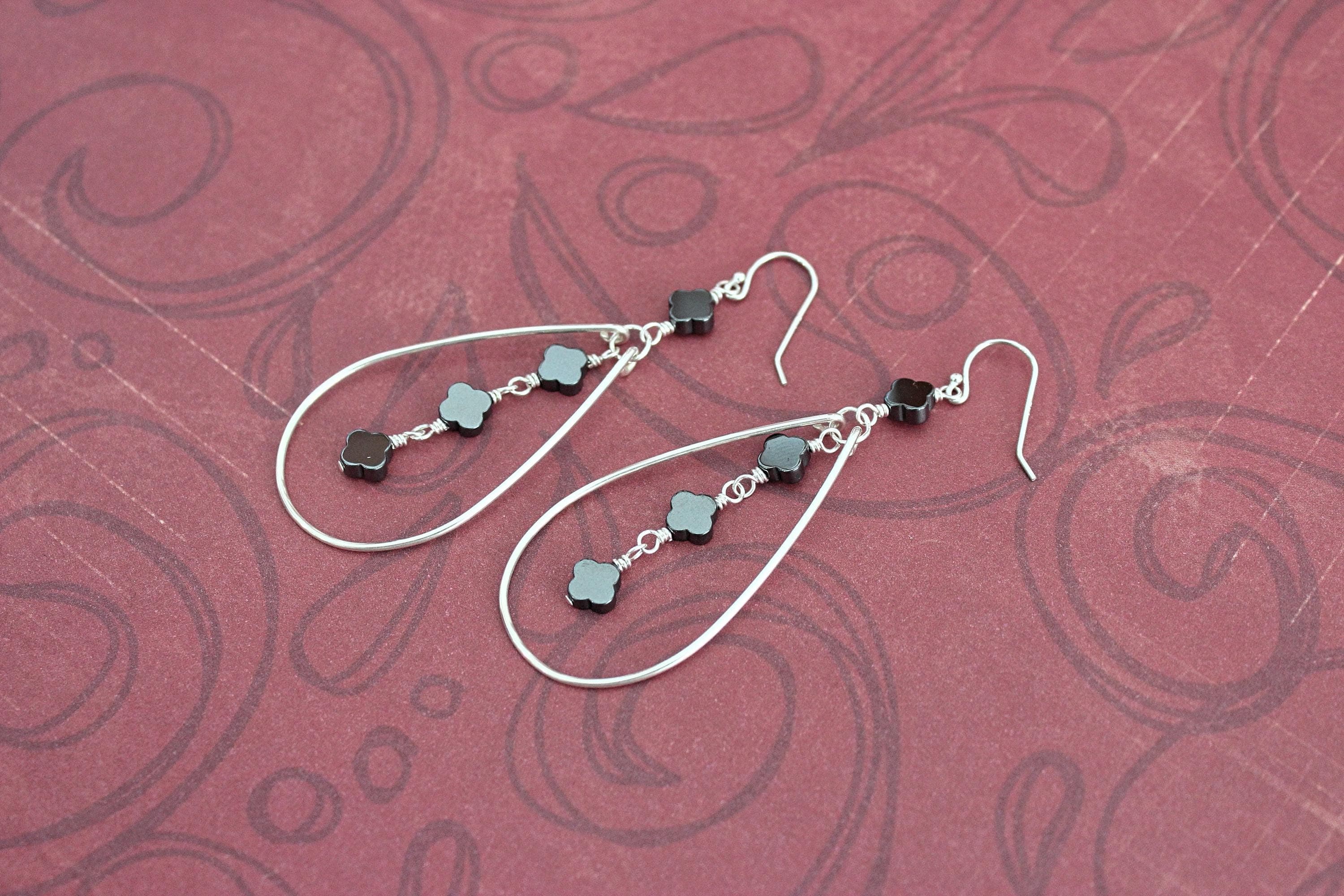 Hematite Quatrefoil Sterling Silver Teardrop Earrings