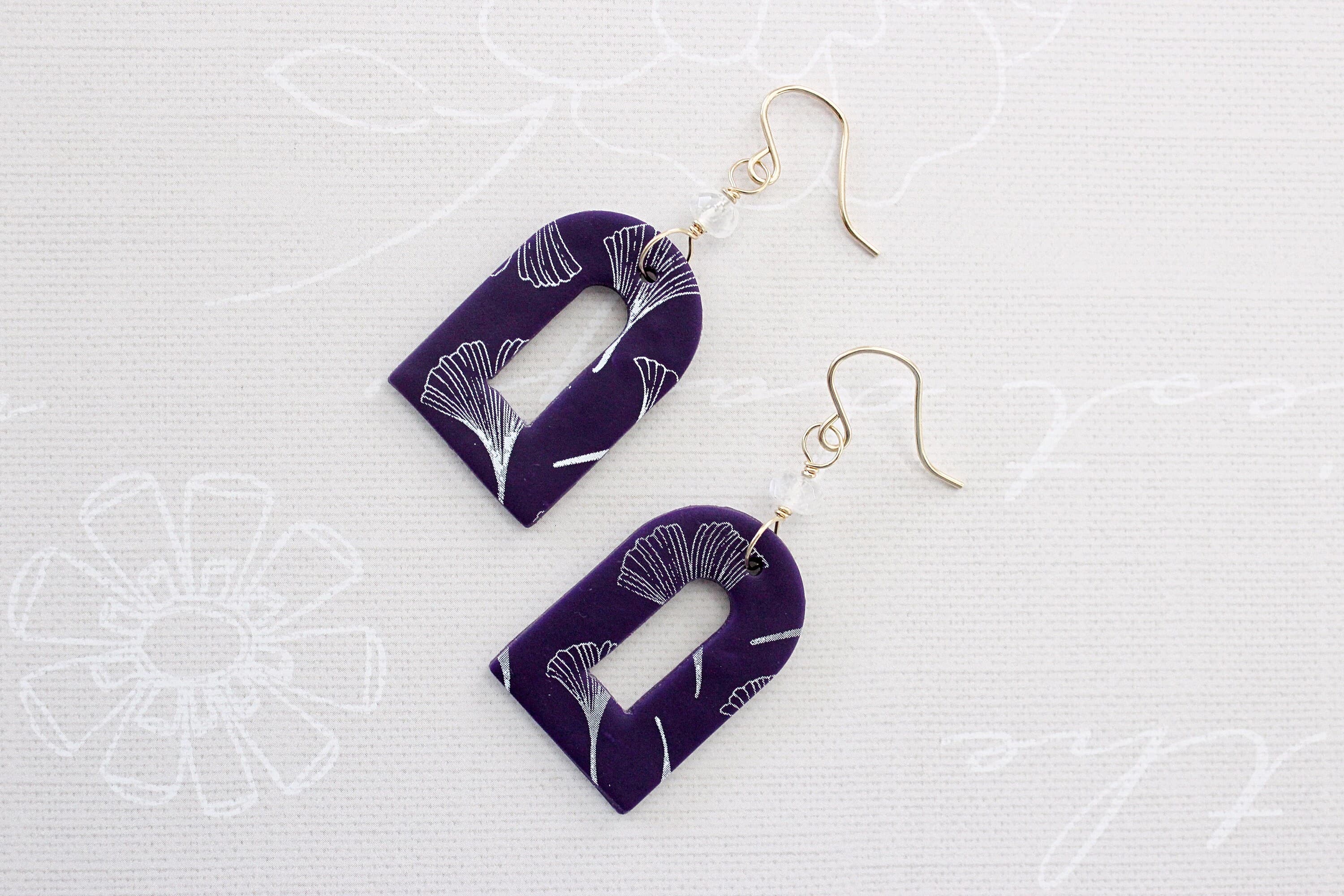 Rainbow Moonstone & Ginkgo Leaf Purple Polymer Clay 14k Gold-Filled Earrings - image 5