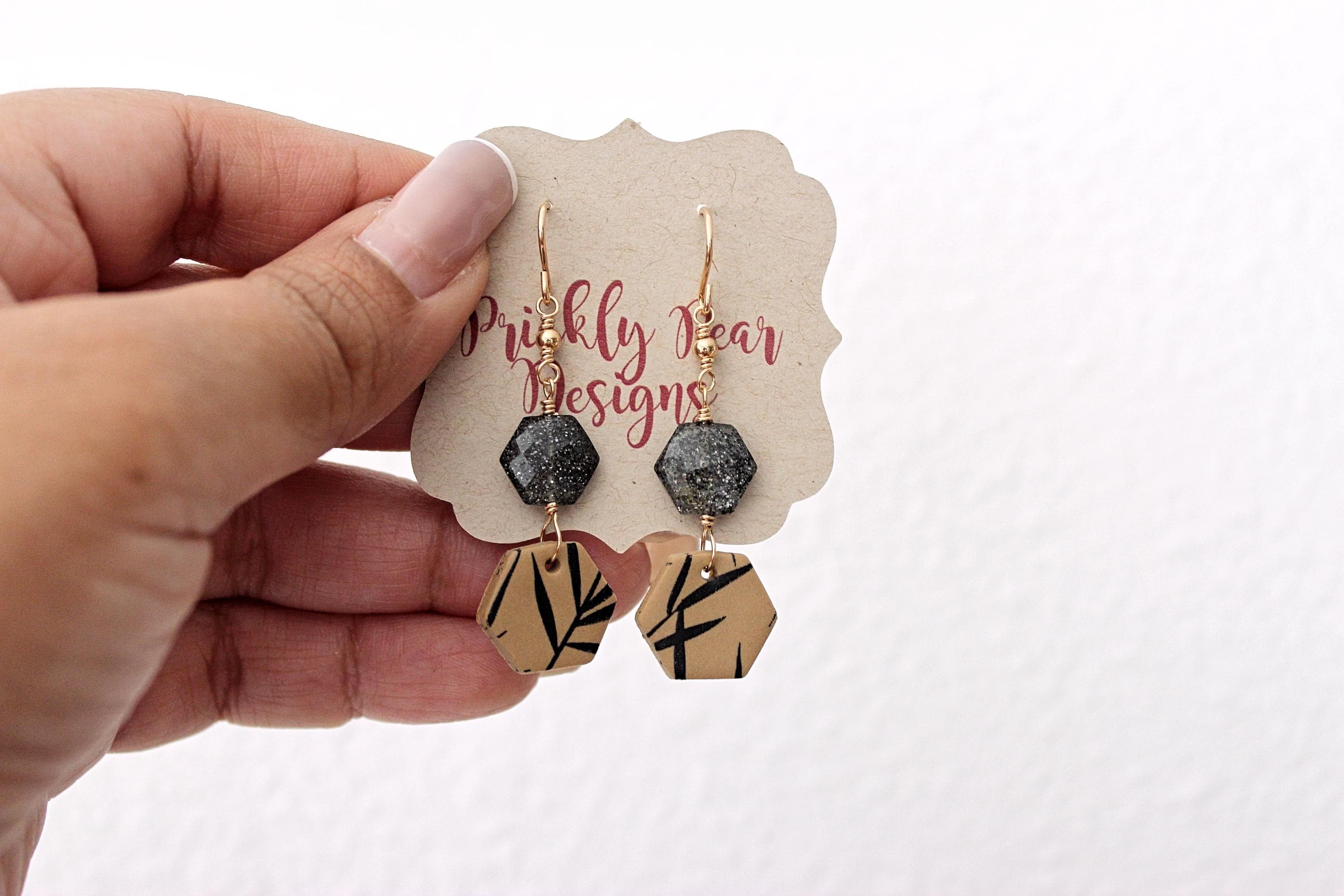 Star Quartz & Fern Polymer Clay Hexagon 14k Gold-Filled Earrings - image 3
