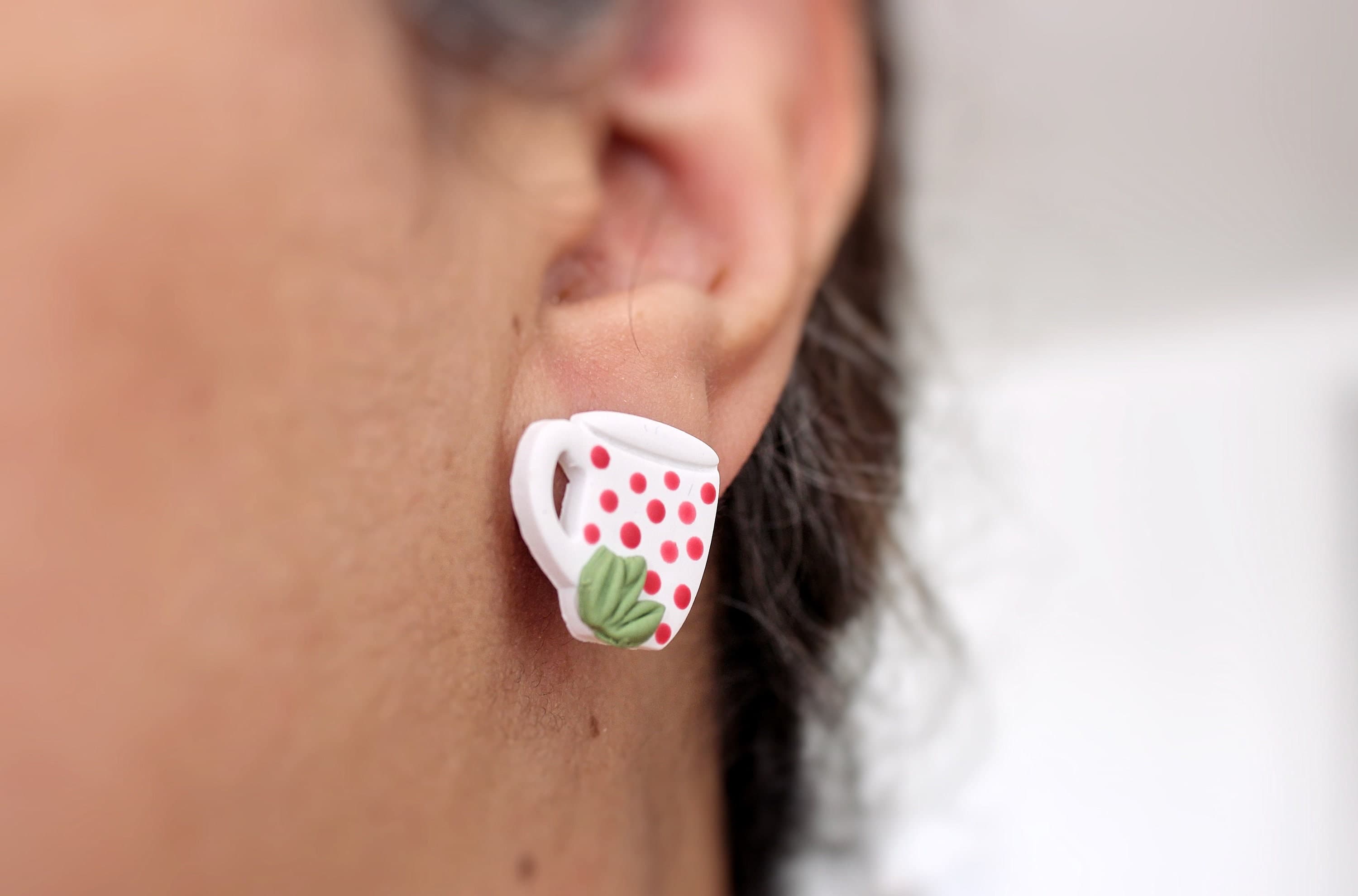 Polka Dot Coffee Mug Polymer Clay Stainless Steel Stud Earrings - image 5