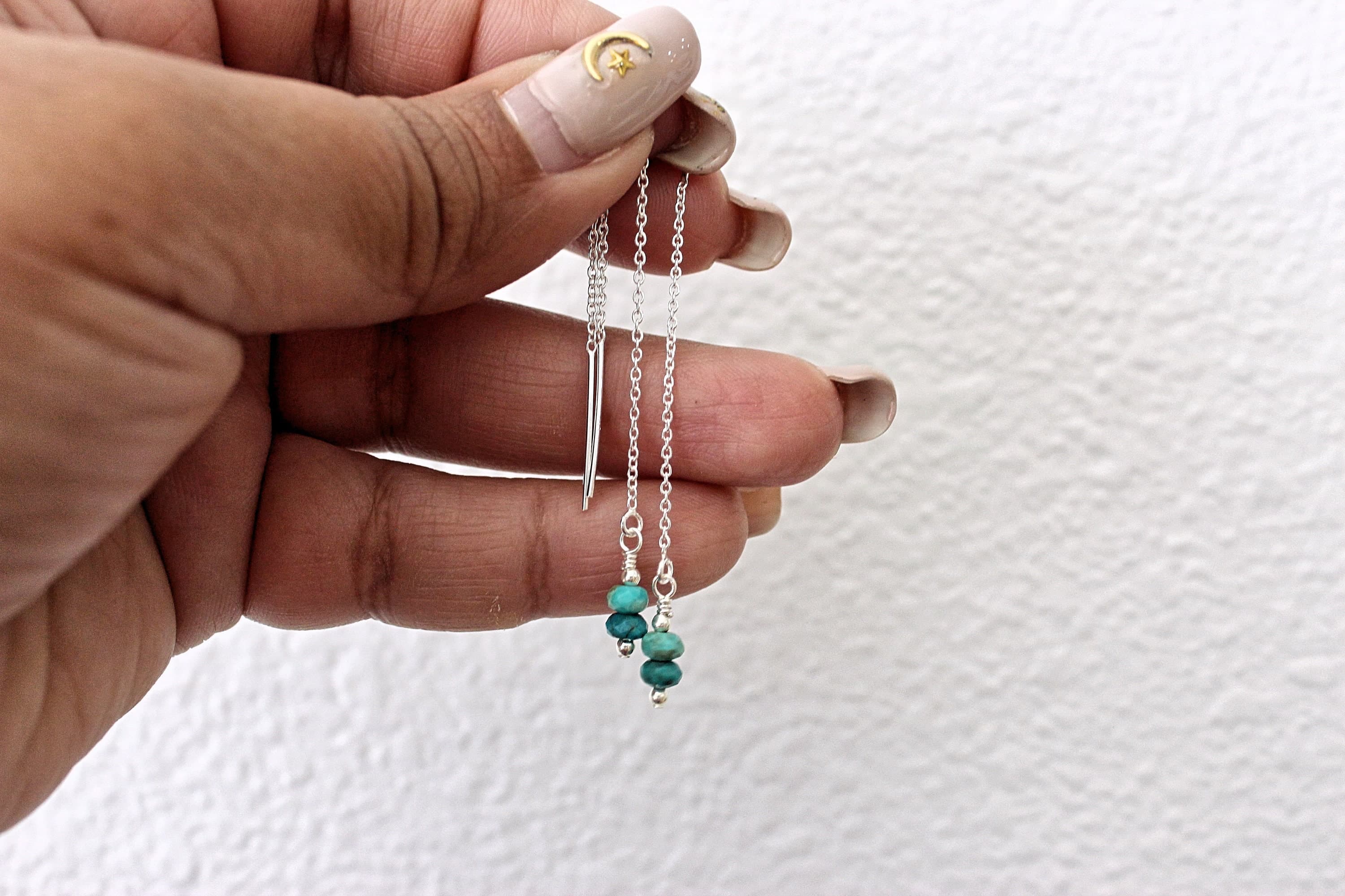 Turquoise Faceted Rondelle Sterling Silver Threader Earrings - image 3