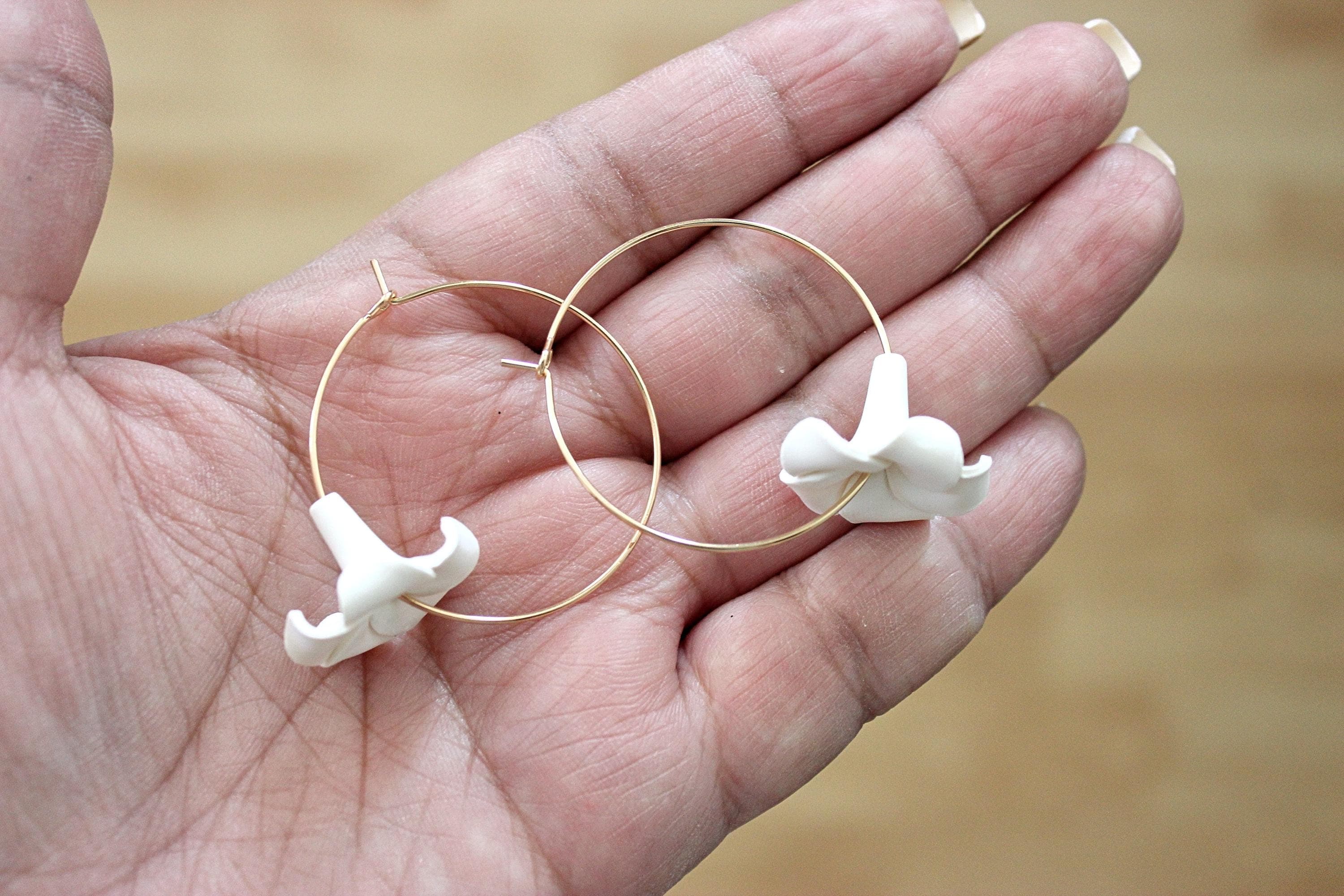 Puakenikeni (Perfume Flower) White Polymer Clay 14k Gold-Filled Hoop Earrings - image 5