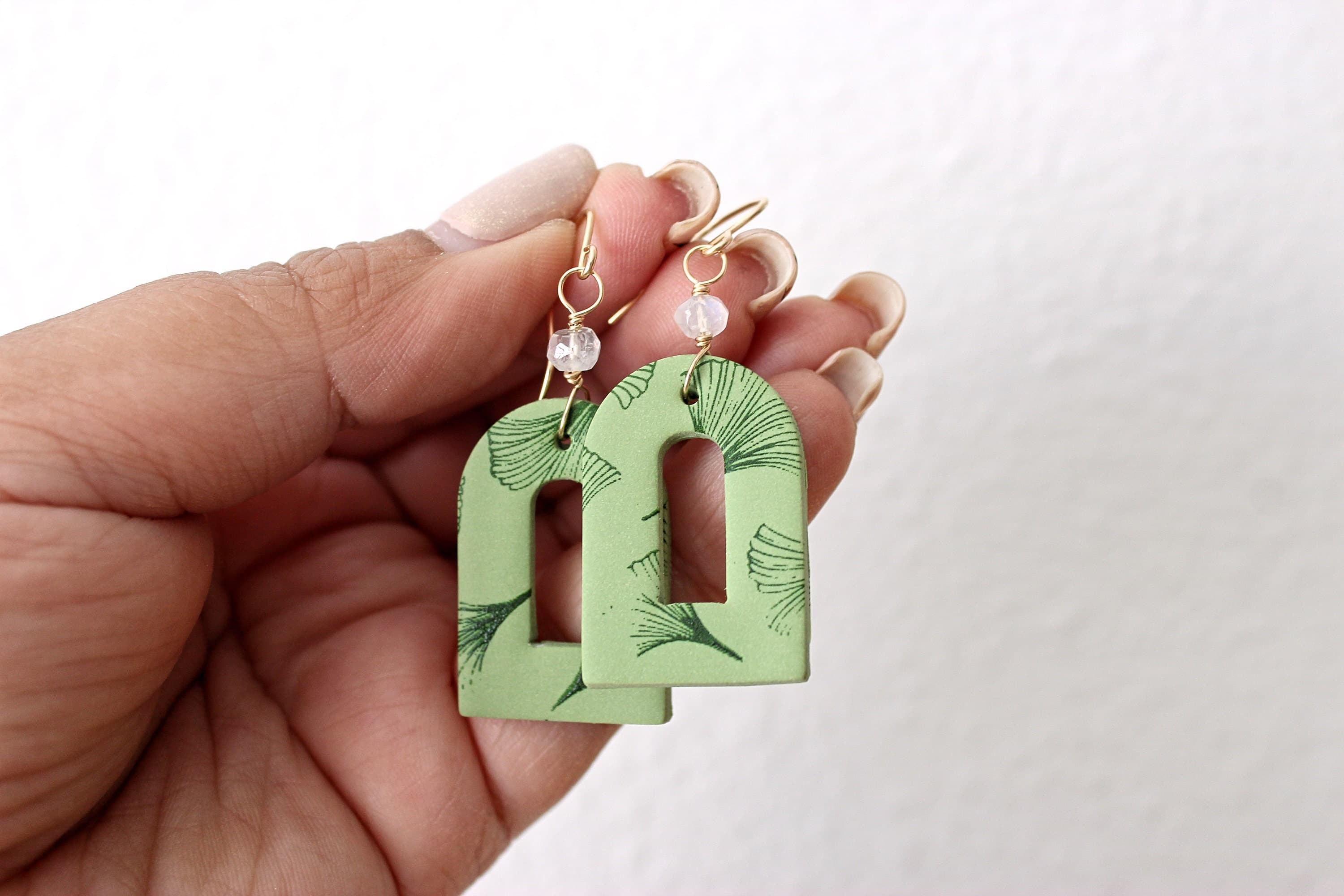 Rainbow Moonstone & Ginkgo Leaf Green Polymer Clay 14k Gold-Filled Earrings