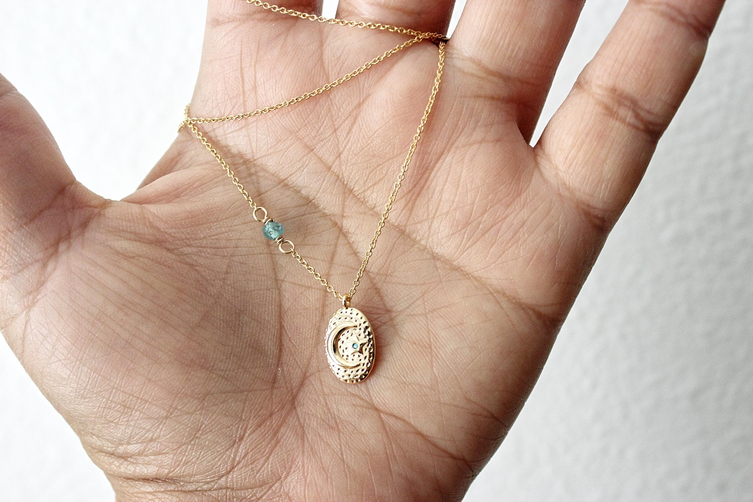 Crescent Moon & Star Charm Apatite 20-inch 14k Gold-Filled Necklace