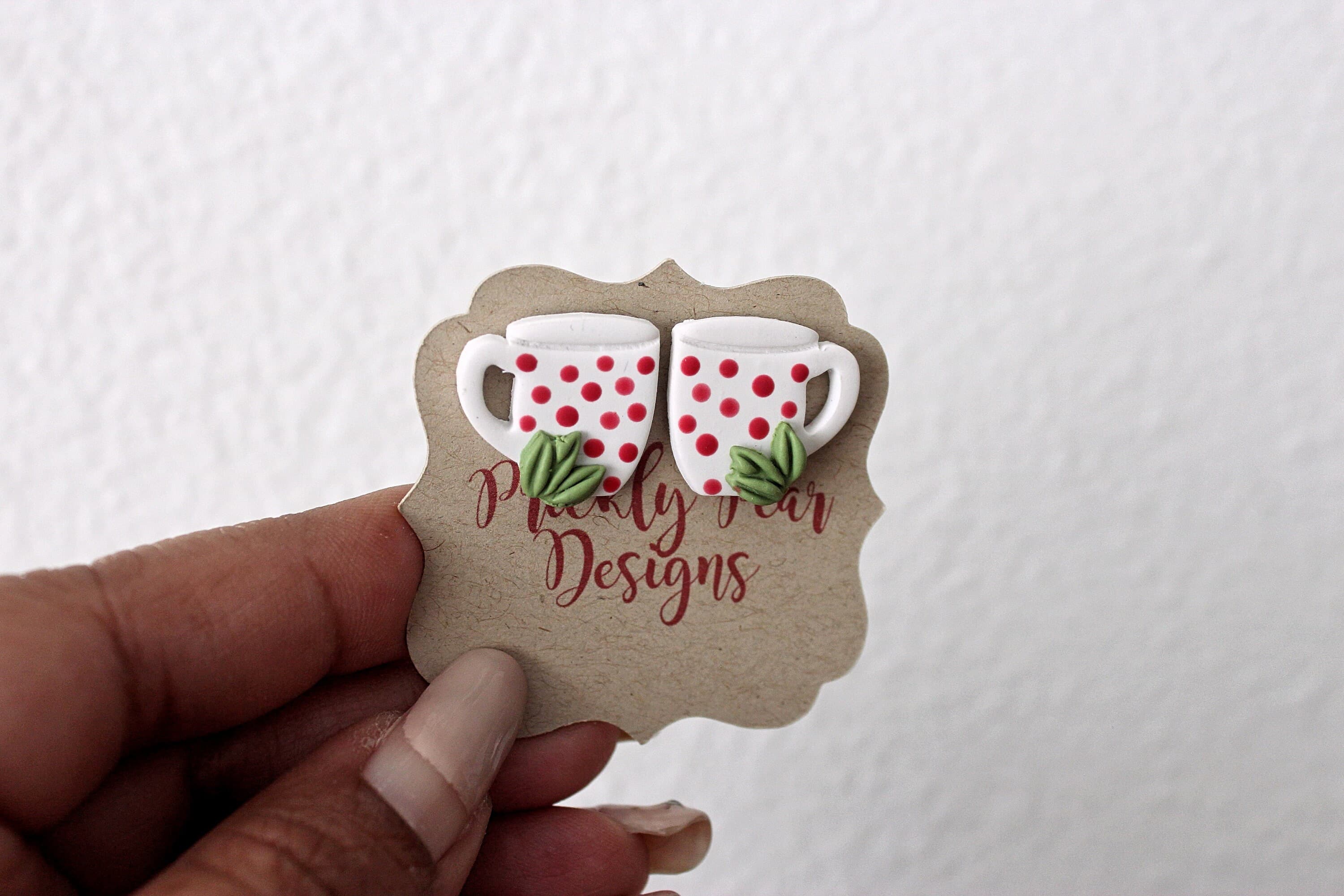 Polka Dot Coffee Mug Polymer Clay Stainless Steel Stud Earrings - image 3