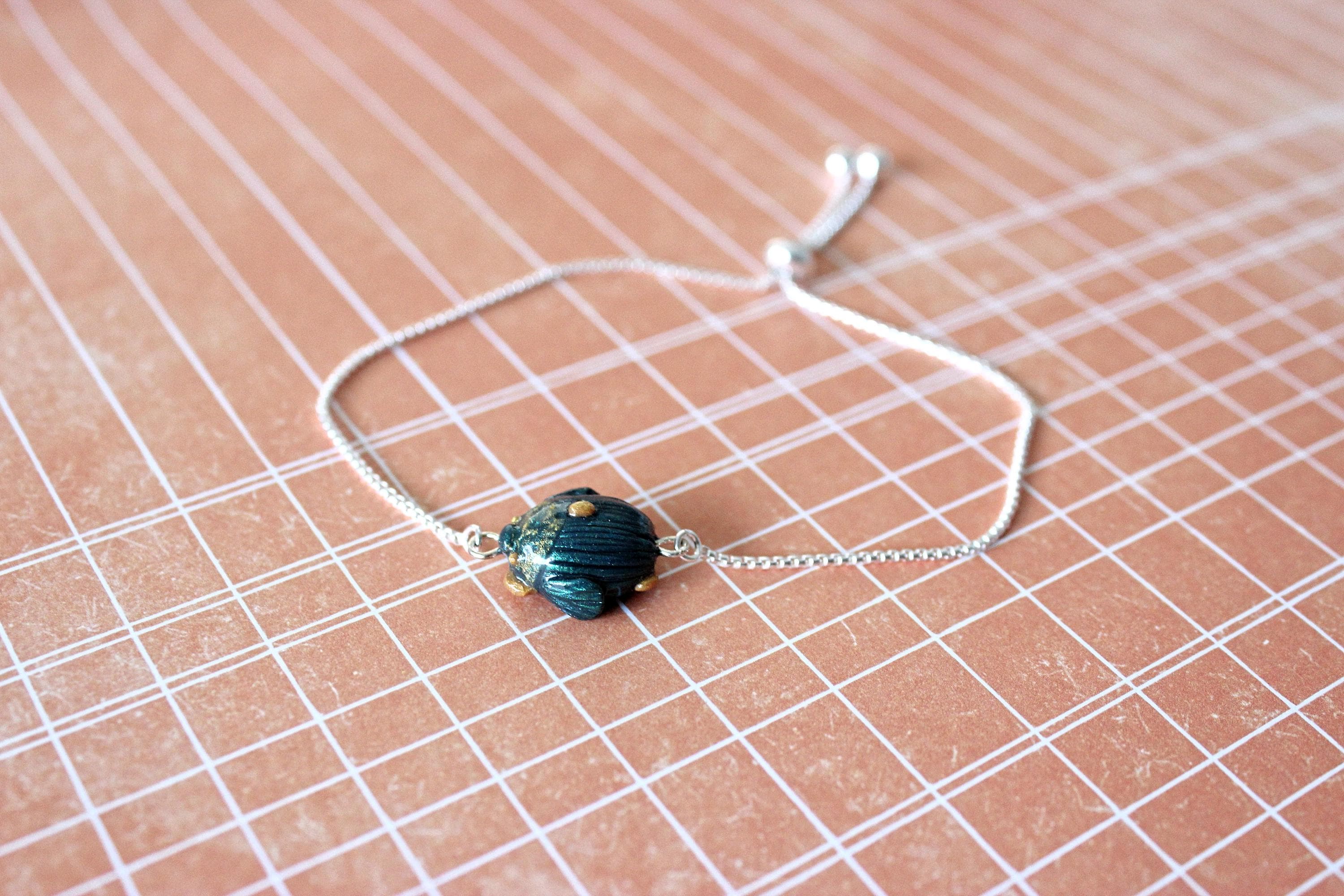 Scarab 3D Polymer Clay 10-inch Adjustable Sterling Silver Bracelet - image 4