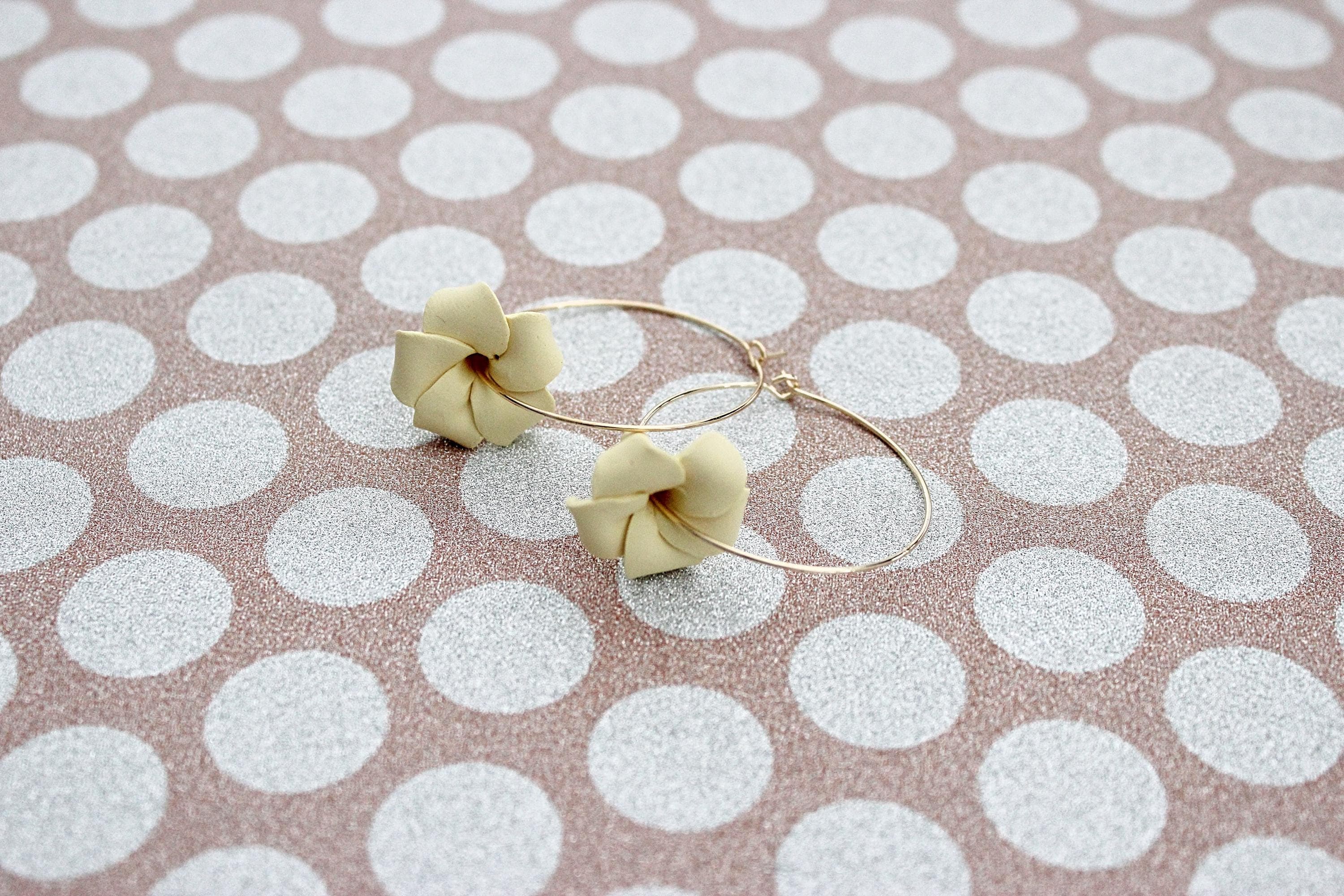 Puakenikeni (Perfume Flower) Yellow Polymer Clay 14k Gold-Filled Hoop Earrings - image 4