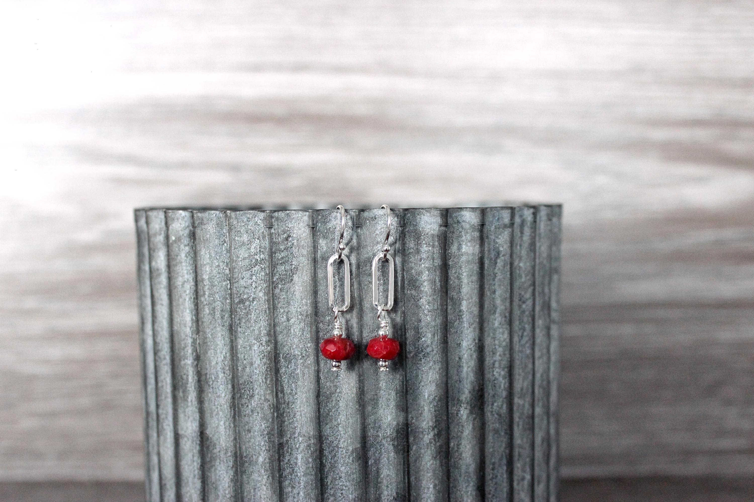 Faceted Red Coral Sterling Silver Paperclip Earrings - image 5