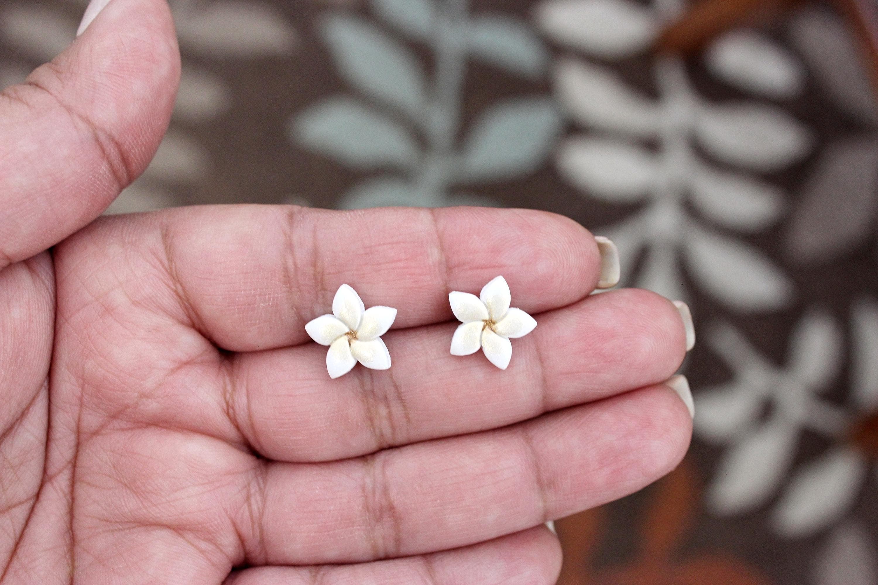 White Plumeria Flower Polymer Clay Stainless Steel Stud Earrings - image 4
