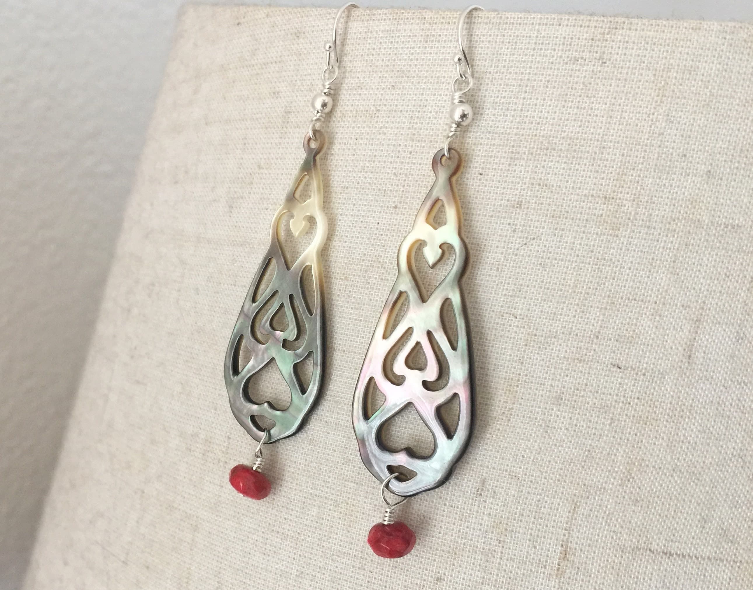 Polynesian Red Coral & Mother of Pearl Sterling Silver Earrings - image 5