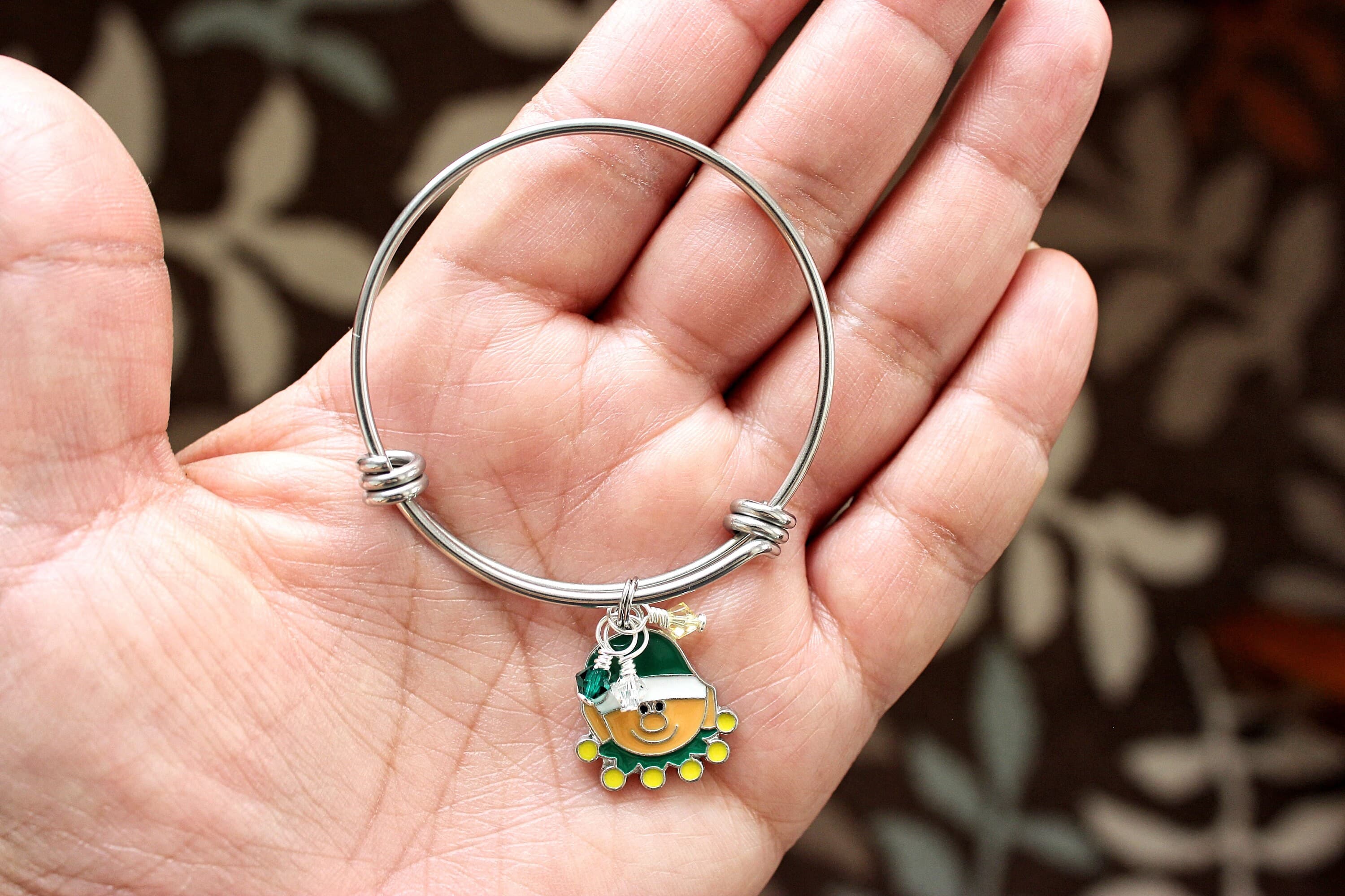 Child-Size Christmas Enamel Elf Charm & Swarovski Crystal Stainless Steel Bangle (for kids!) - image 3