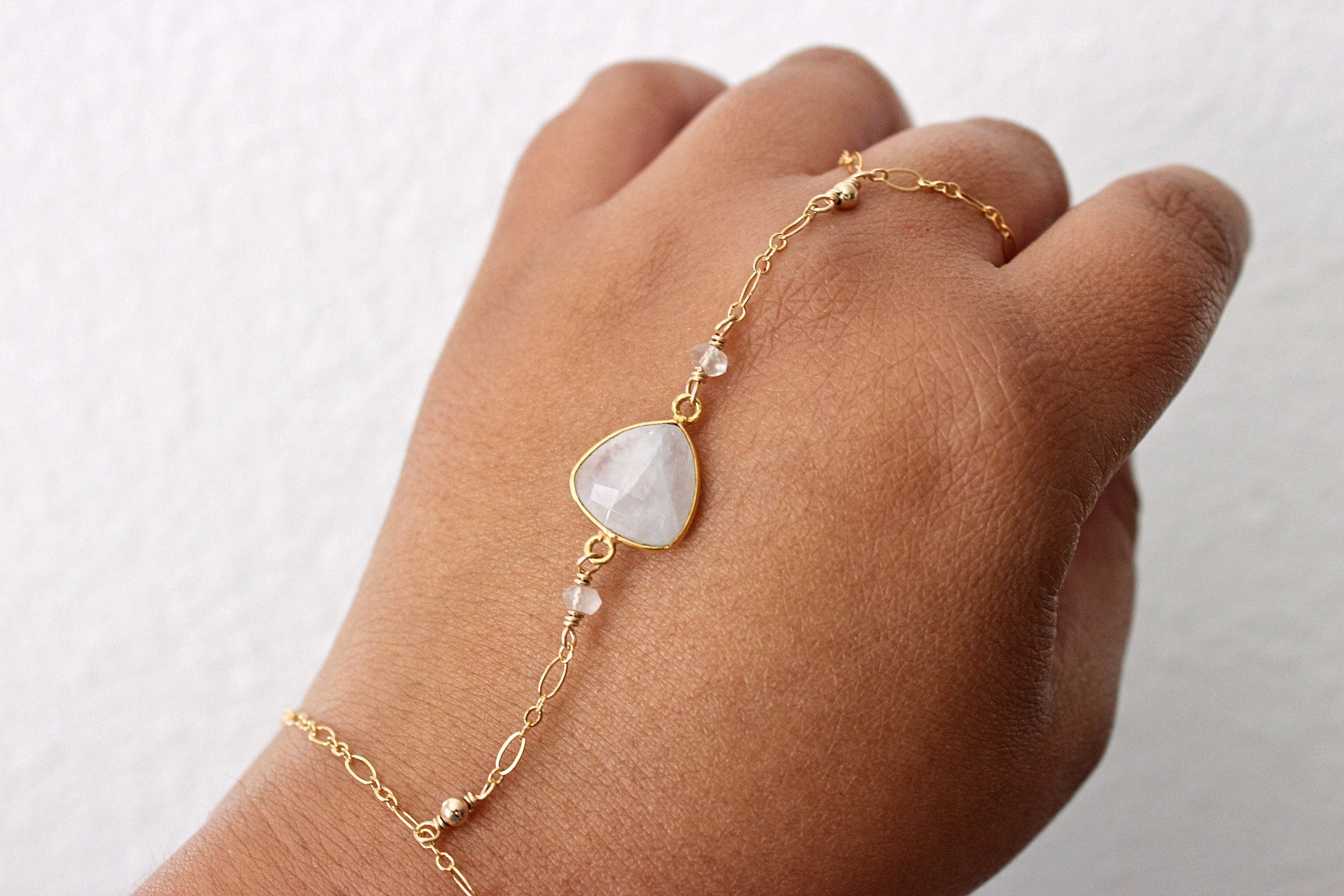 Moonstone Triangle Framed Gemstone 14k Gold-Filled Slave Bracelet Hand Chain