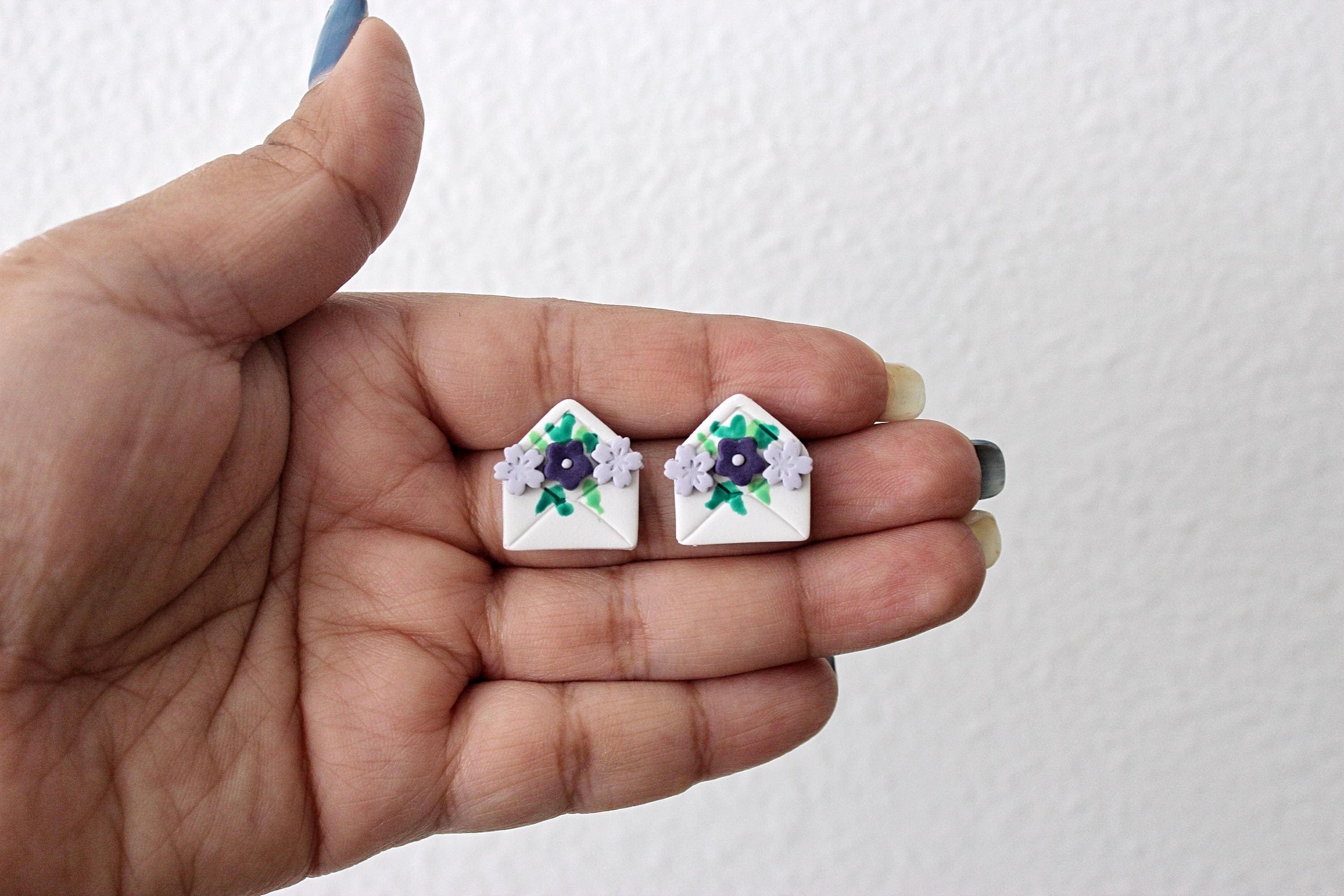 Flower Boquet in an Envelope Polymer Clay Stainless Steel Stud Earrings