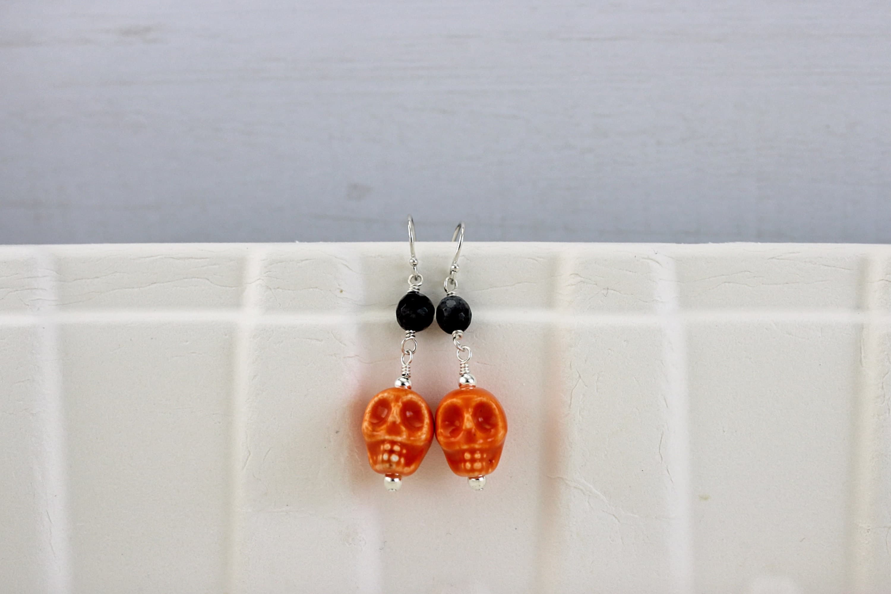 Orange Ceramic Skull & Black Labradorite Sterling Silver Earrings - image 3
