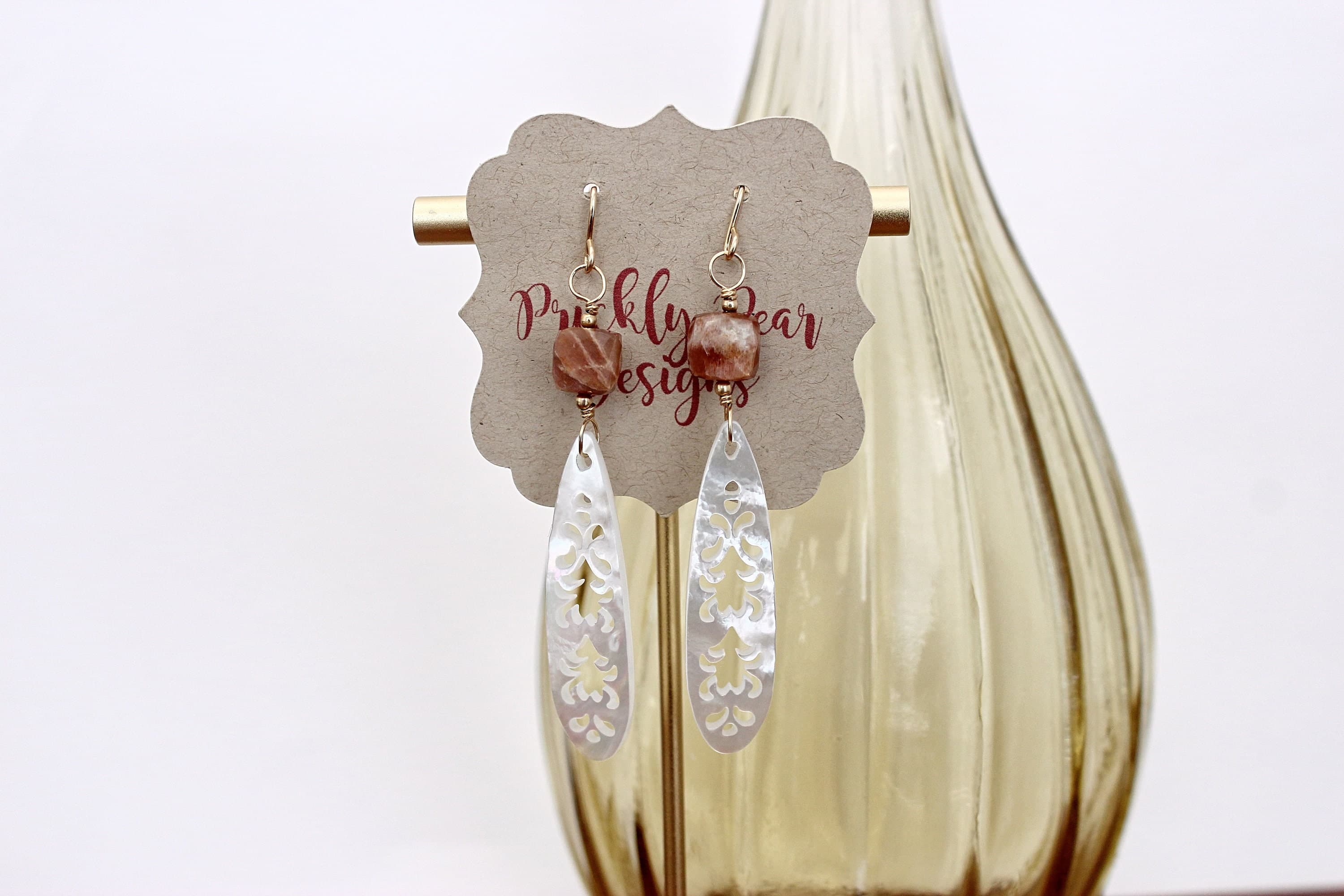 Mother-of-Pearl & Peach Moonstone Cube 14k Gold-Filled Earrings - image 4