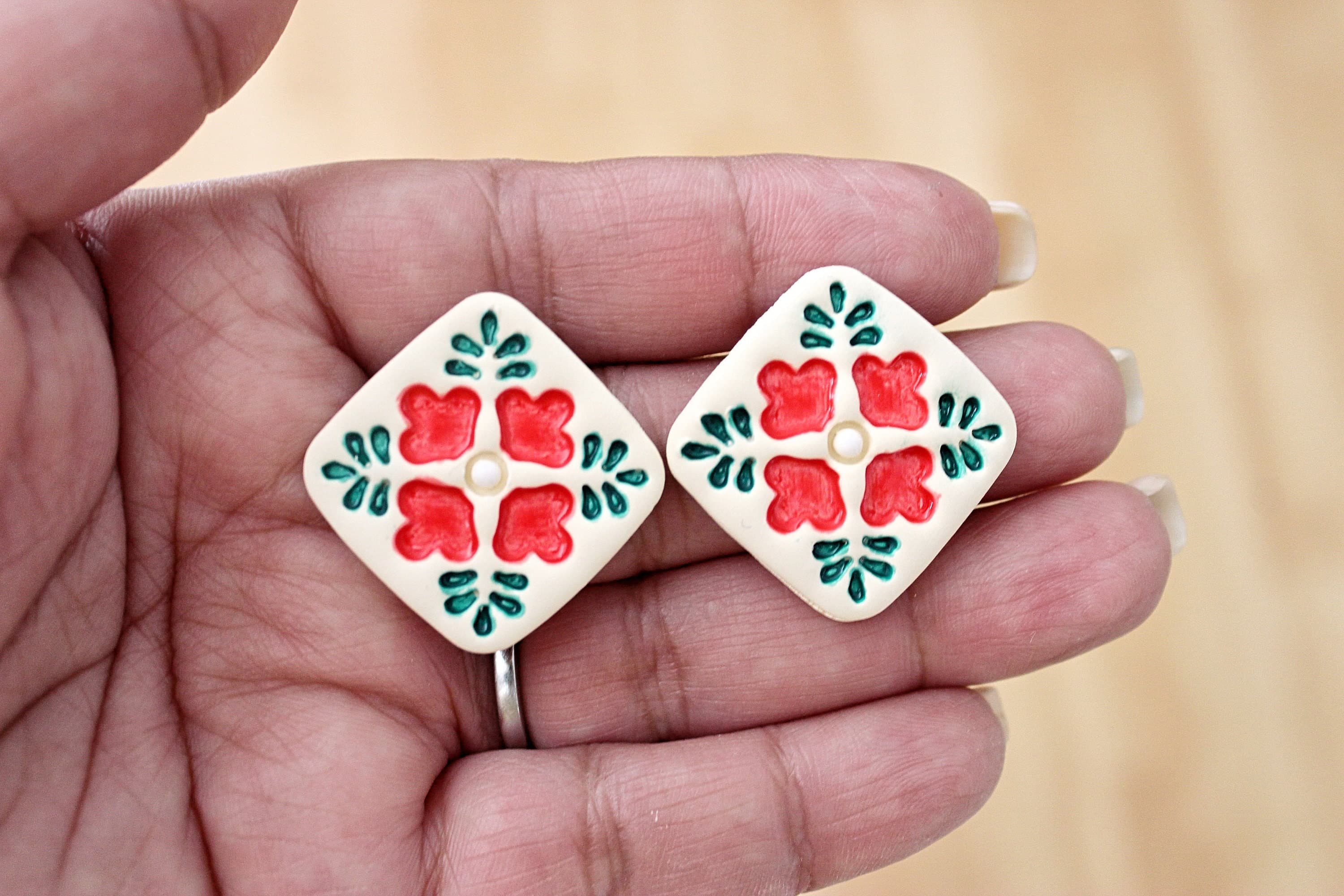 Christmas Hawaiian Quilt Polymer Clay Stainless Steel Stud Earrings