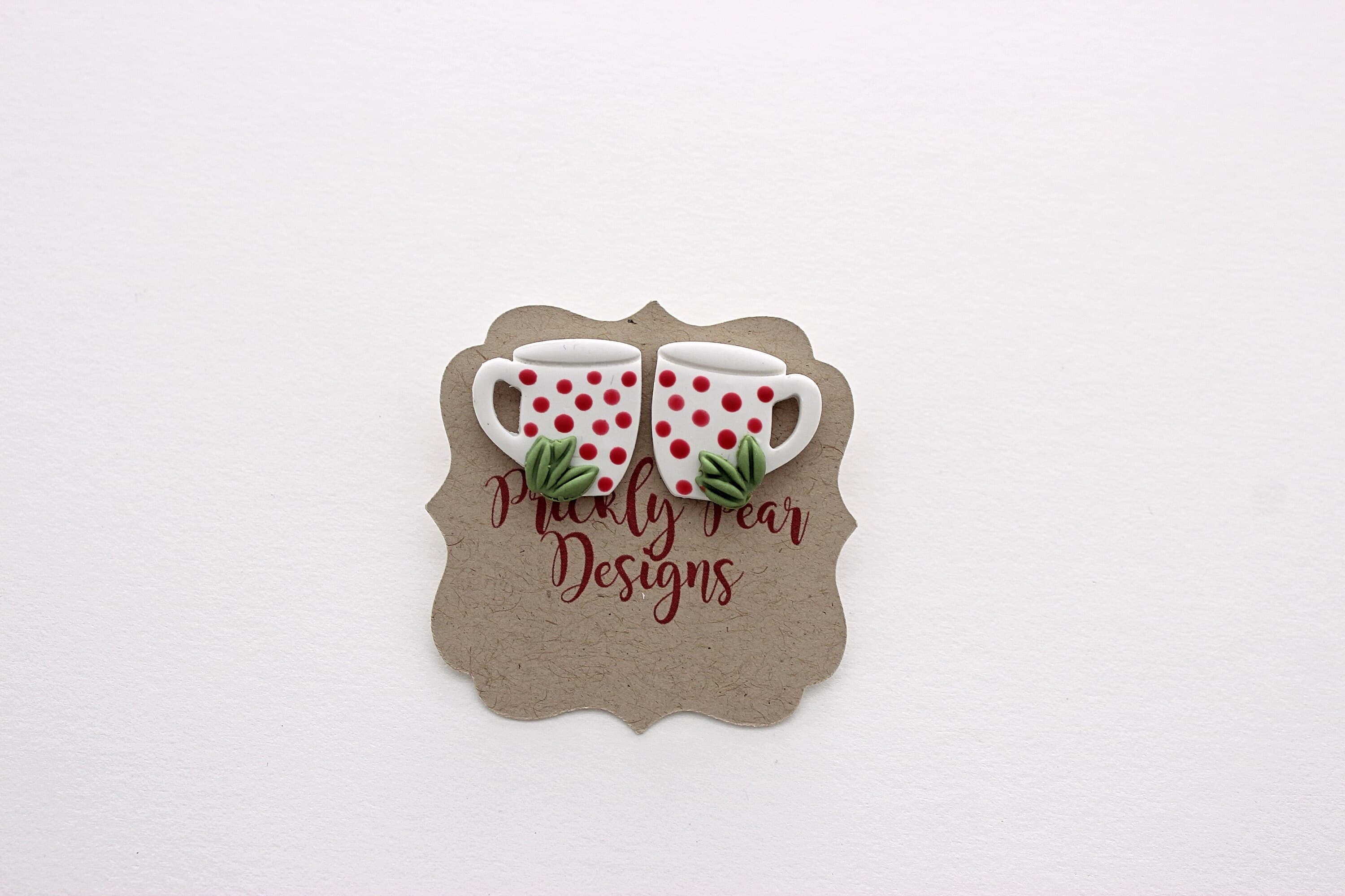 Polka Dot Coffee Mug Polymer Clay Stainless Steel Stud Earrings