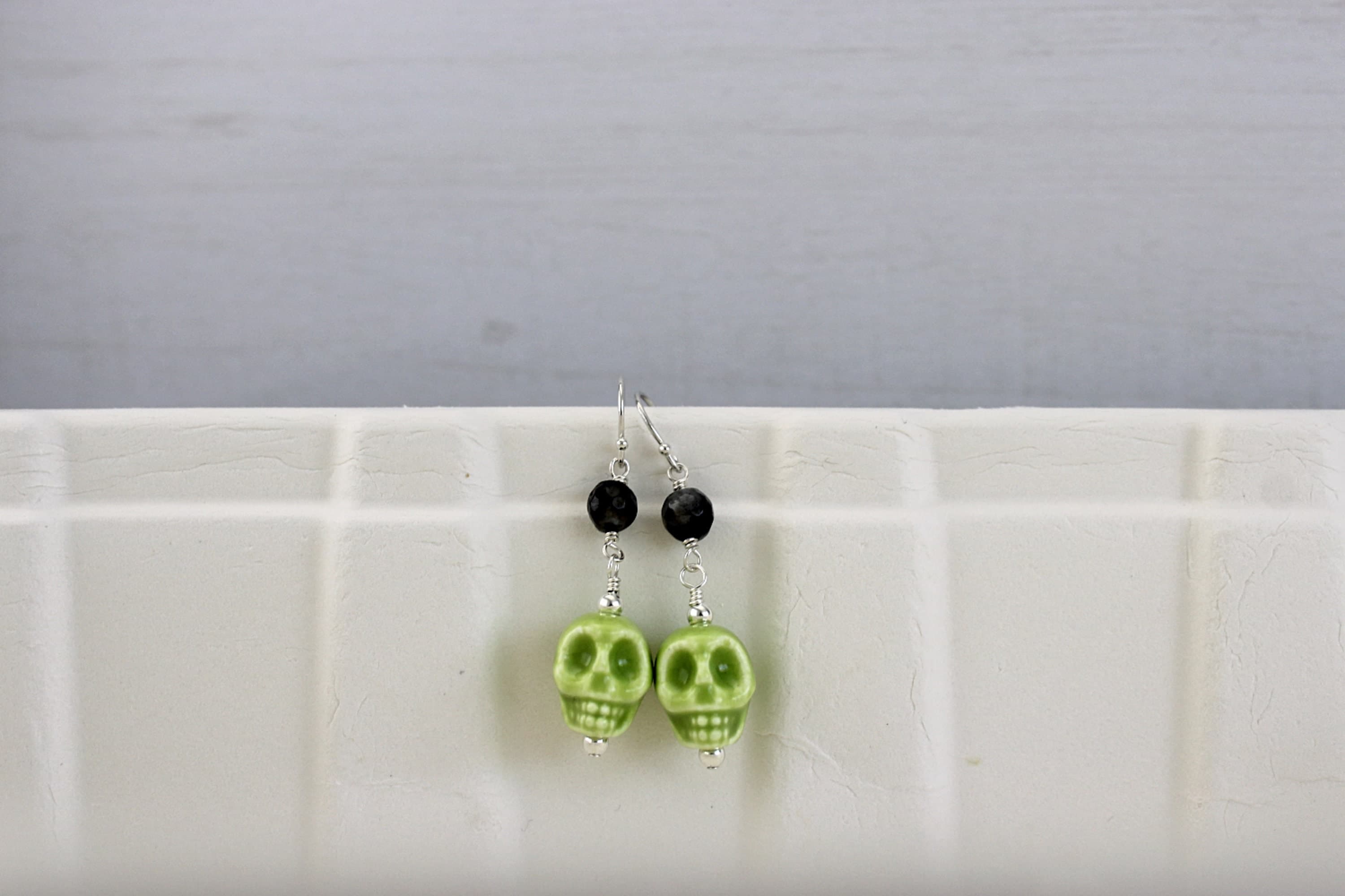 Green Ceramic Skull & Black Labradorite Sterling Silver Earrings - image 3