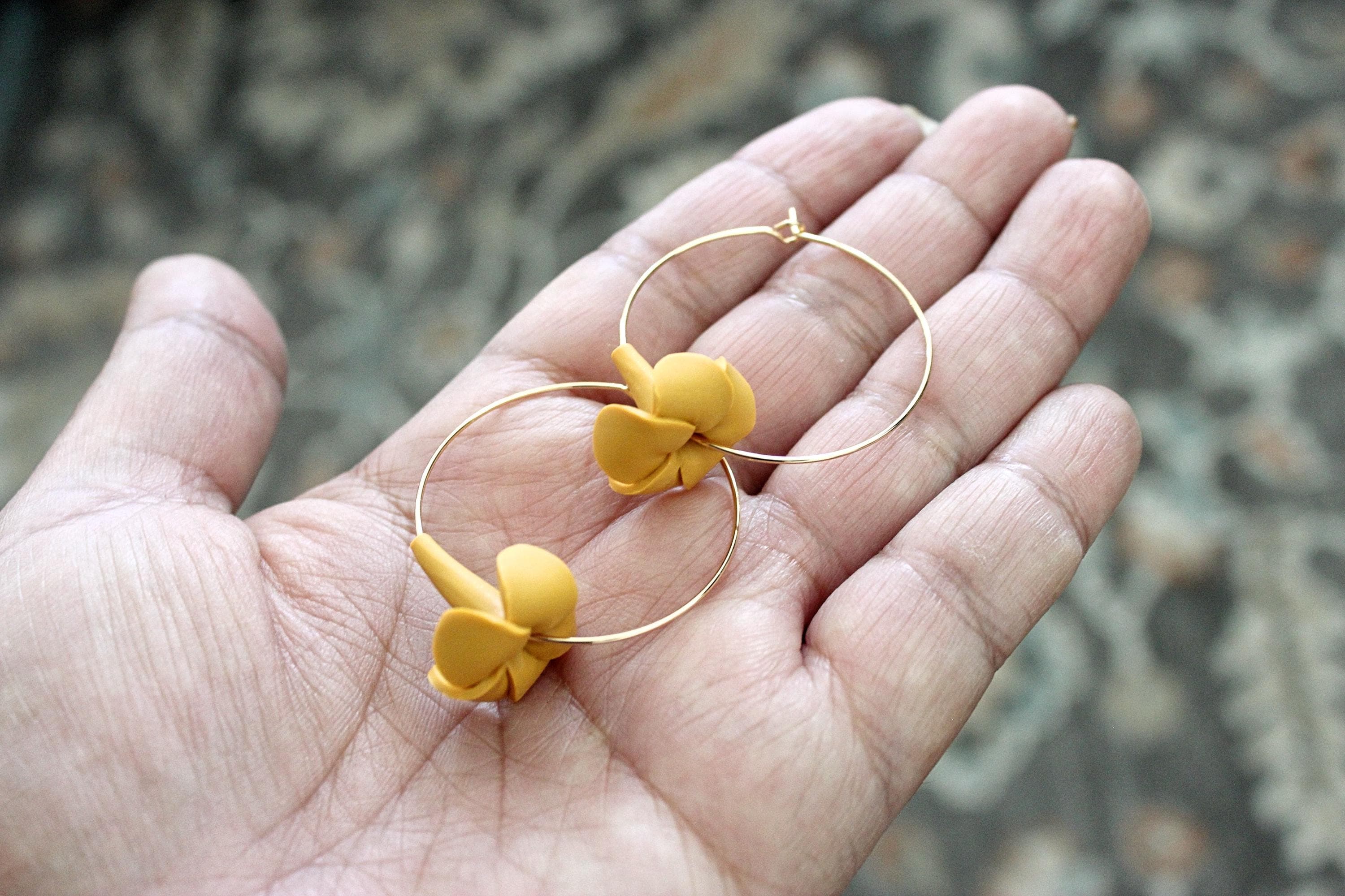 Puakenikeni (Perfume Flower) Orange Polymer Clay 14k Gold-Filled Hoop Earrings - image 3