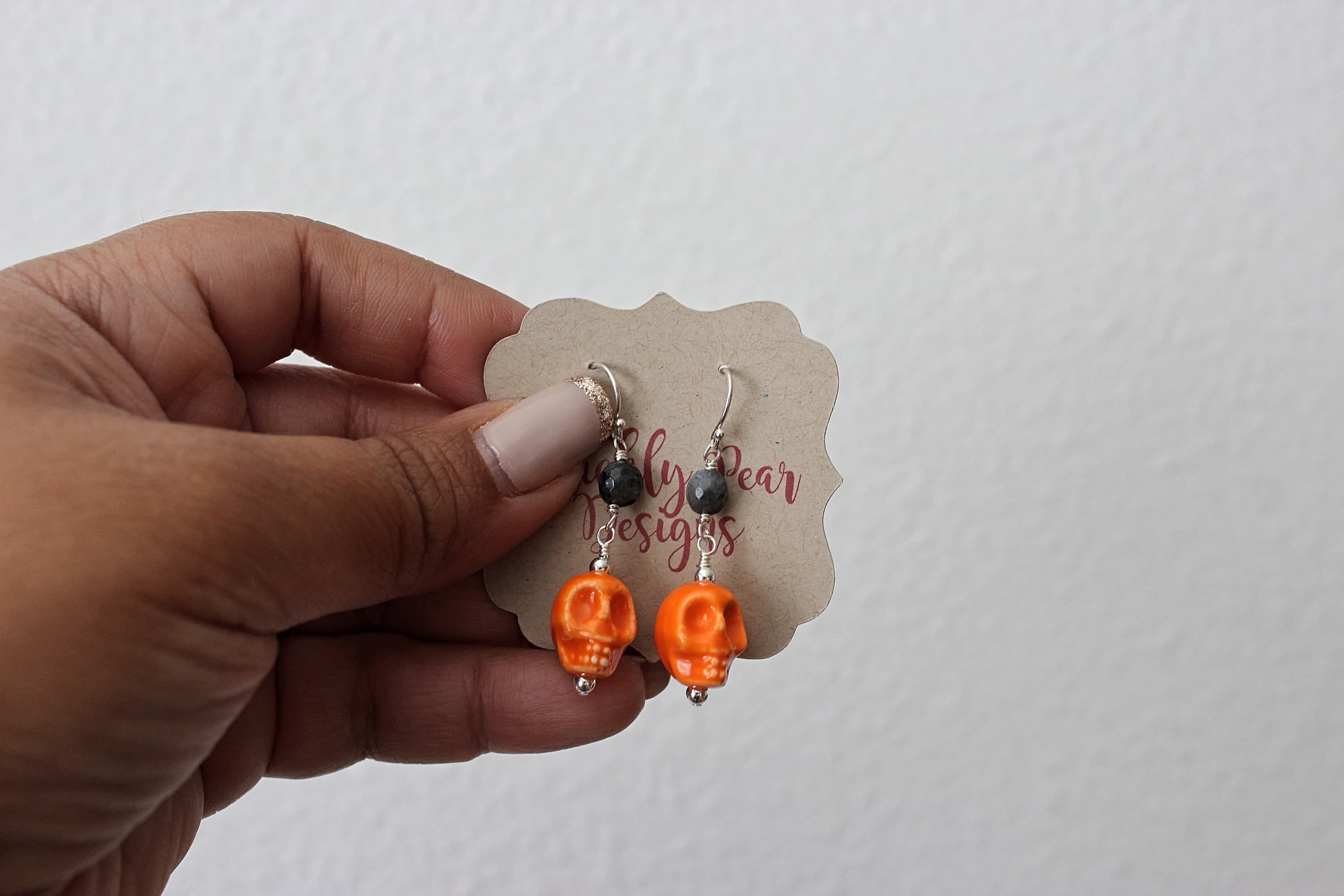 Orange Ceramic Skull & Black Labradorite Sterling Silver Earrings