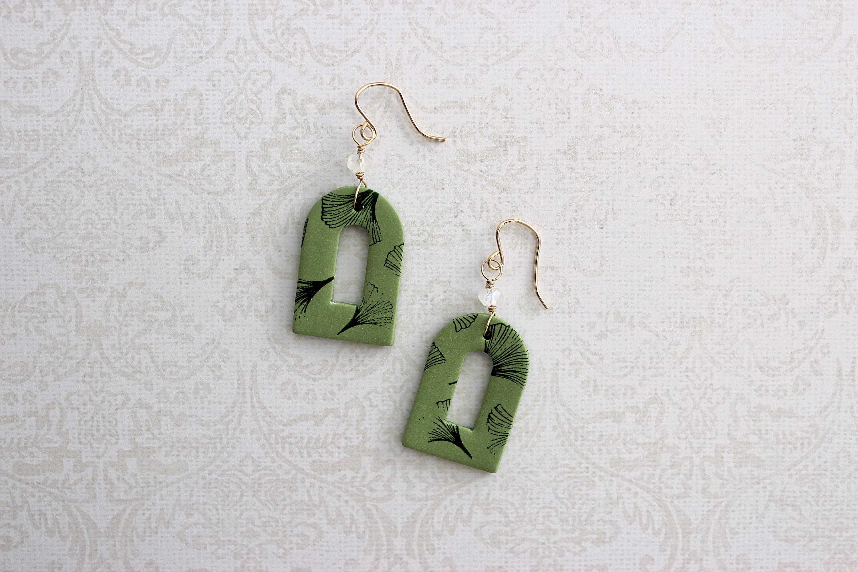Rainbow Moonstone & Ginkgo Leaf Green Polymer Clay 14k Gold-Filled Earrings - image 3