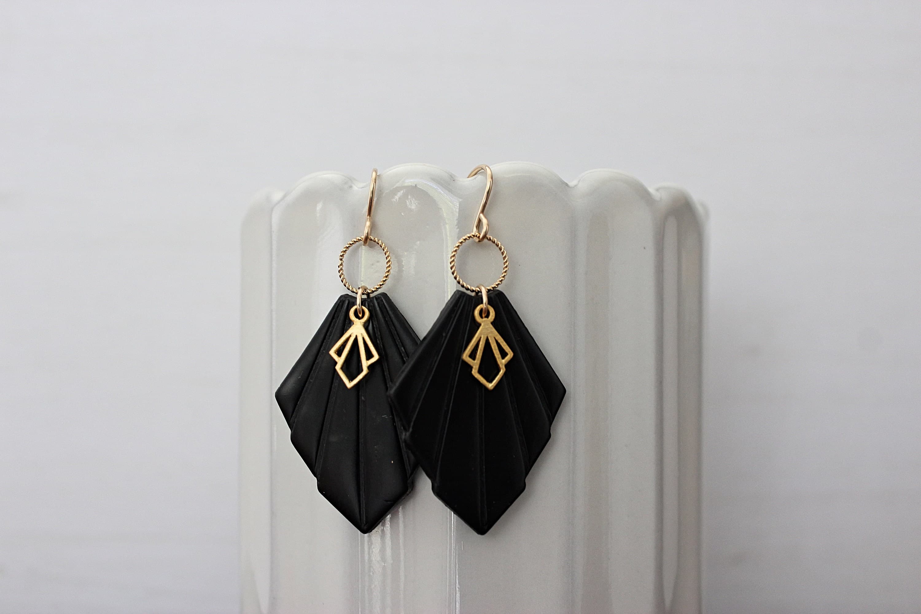 Black Art Deco Polymer Clay 14k Gold-Filled Earrings