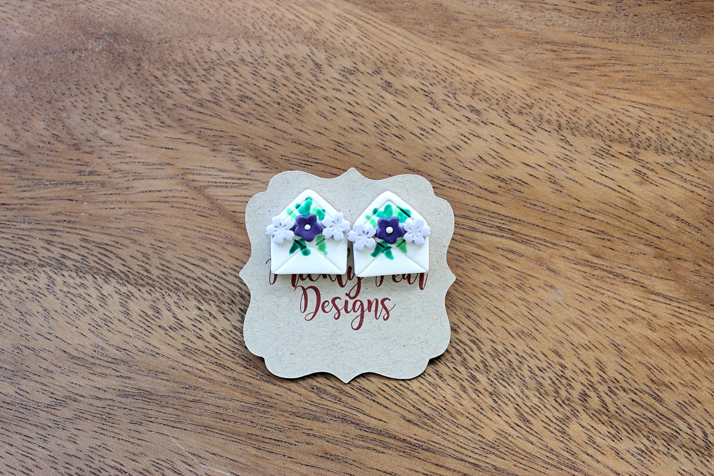 Flower Boquet in an Envelope Polymer Clay Stainless Steel Stud Earrings - image 4