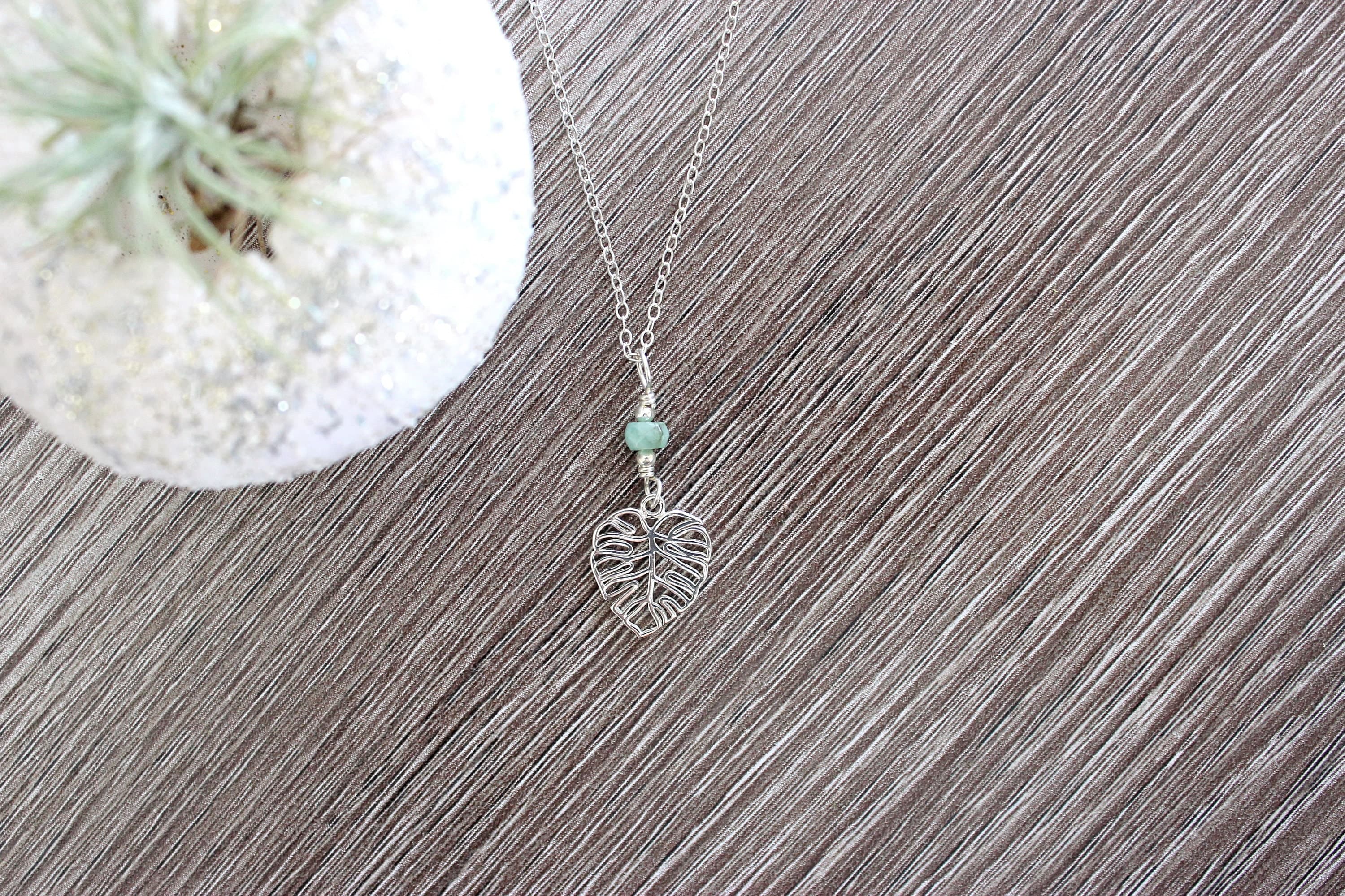 Monstera Colombian Emerald 16" Sterling Silver Necklace