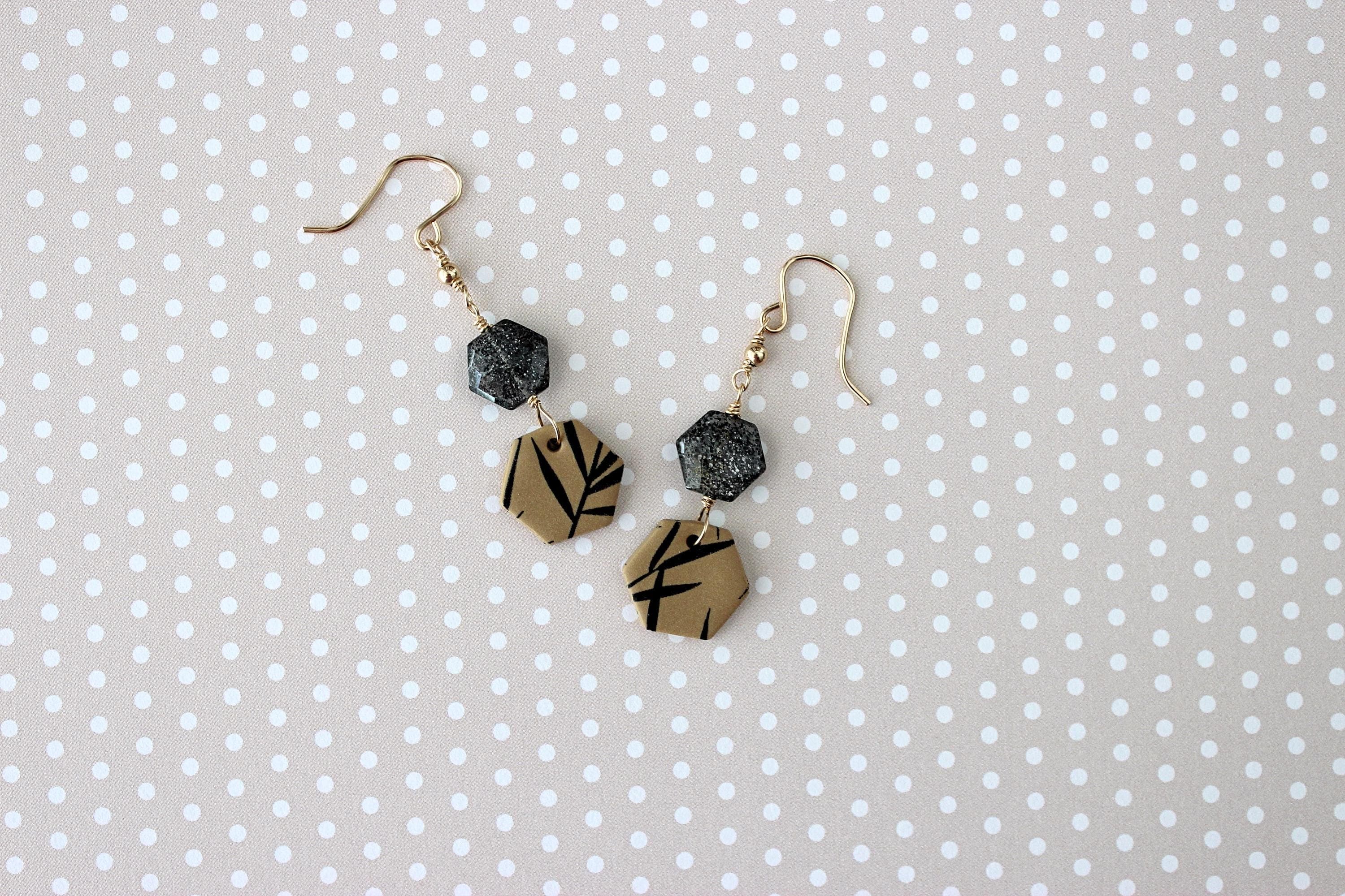 Star Quartz & Fern Polymer Clay Hexagon 14k Gold-Filled Earrings - image 4