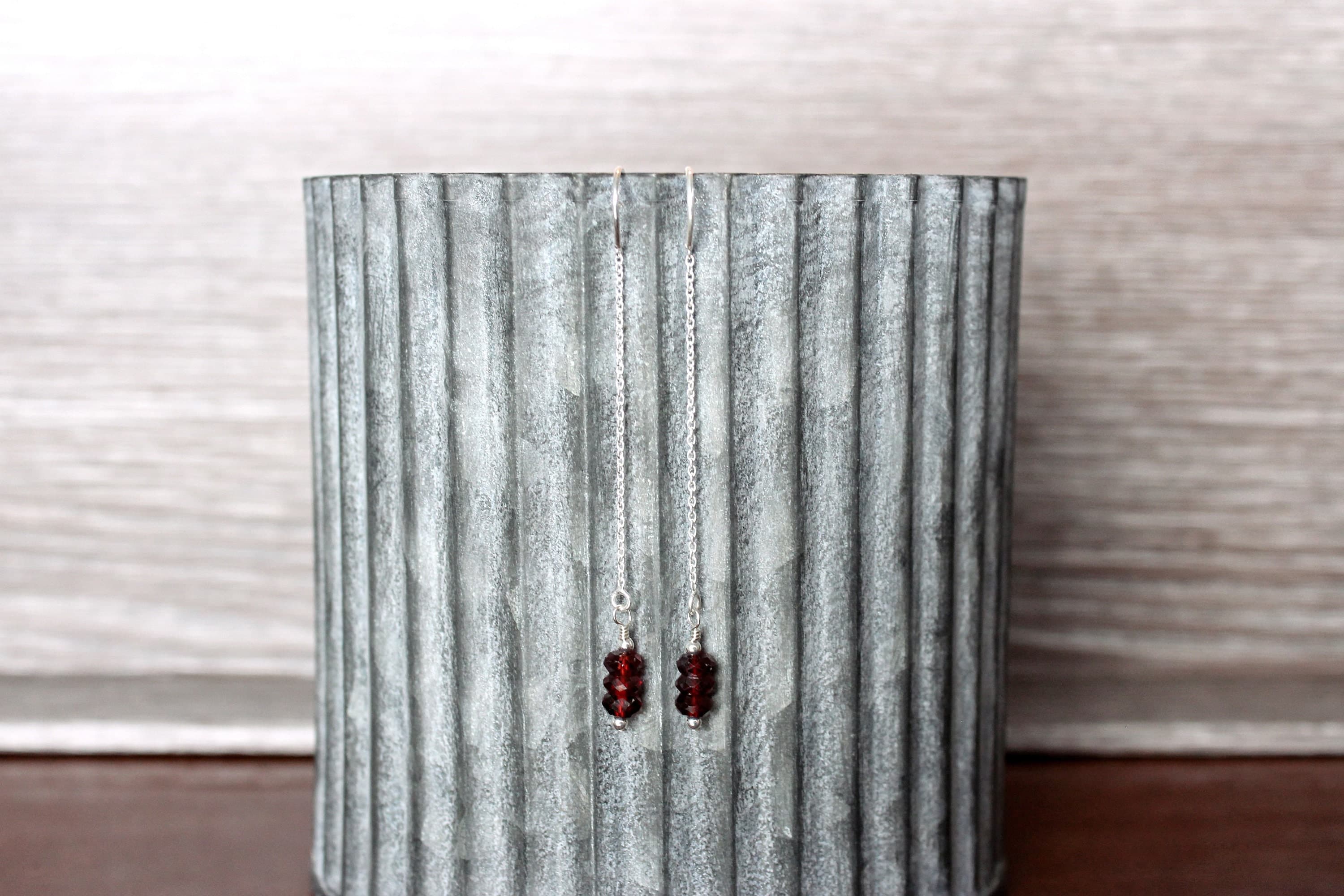 Simple Garnet Sterling Silver Threader Earrings - image 4