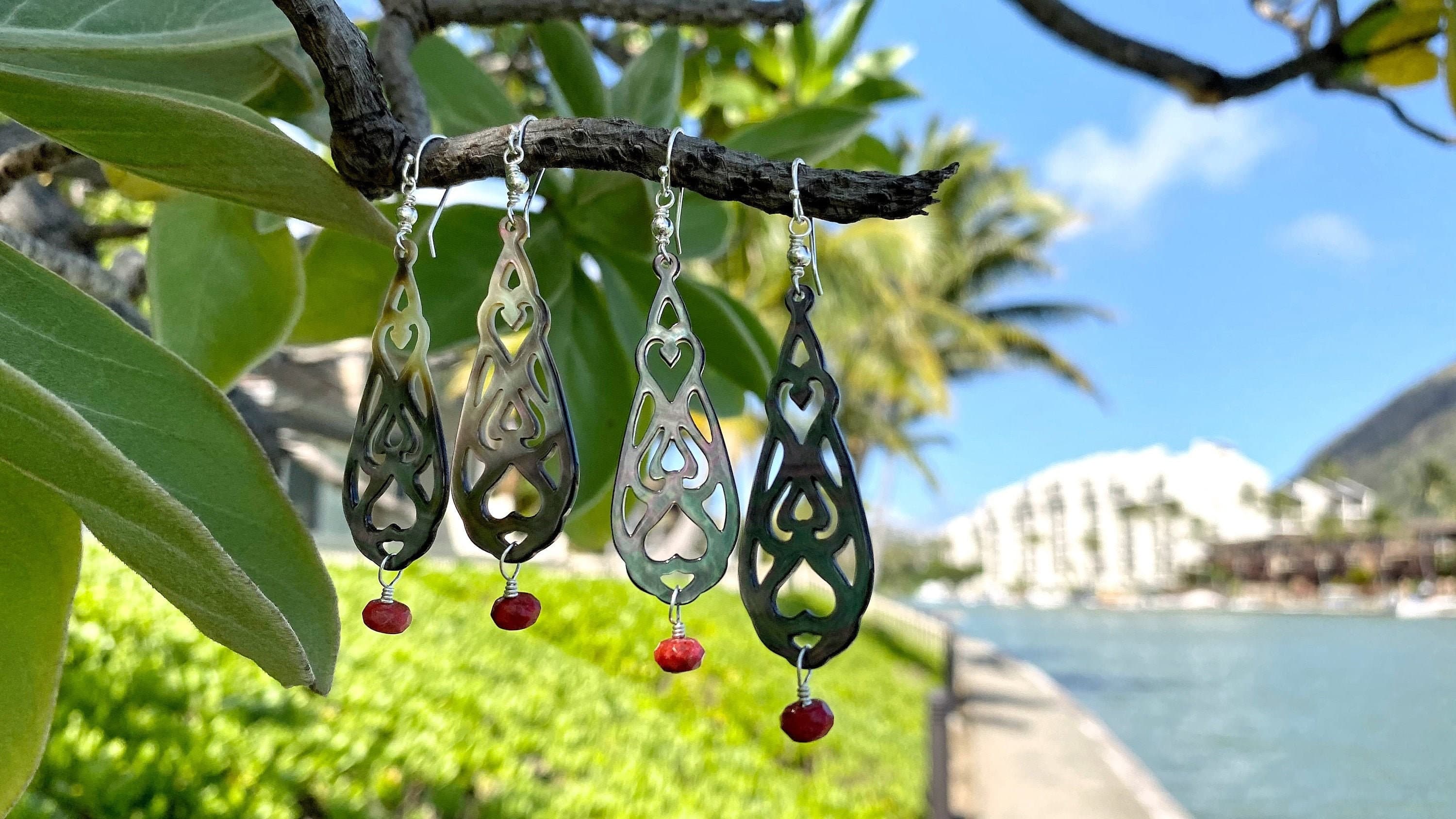 Polynesian Red Coral & Mother of Pearl Sterling Silver Earrings