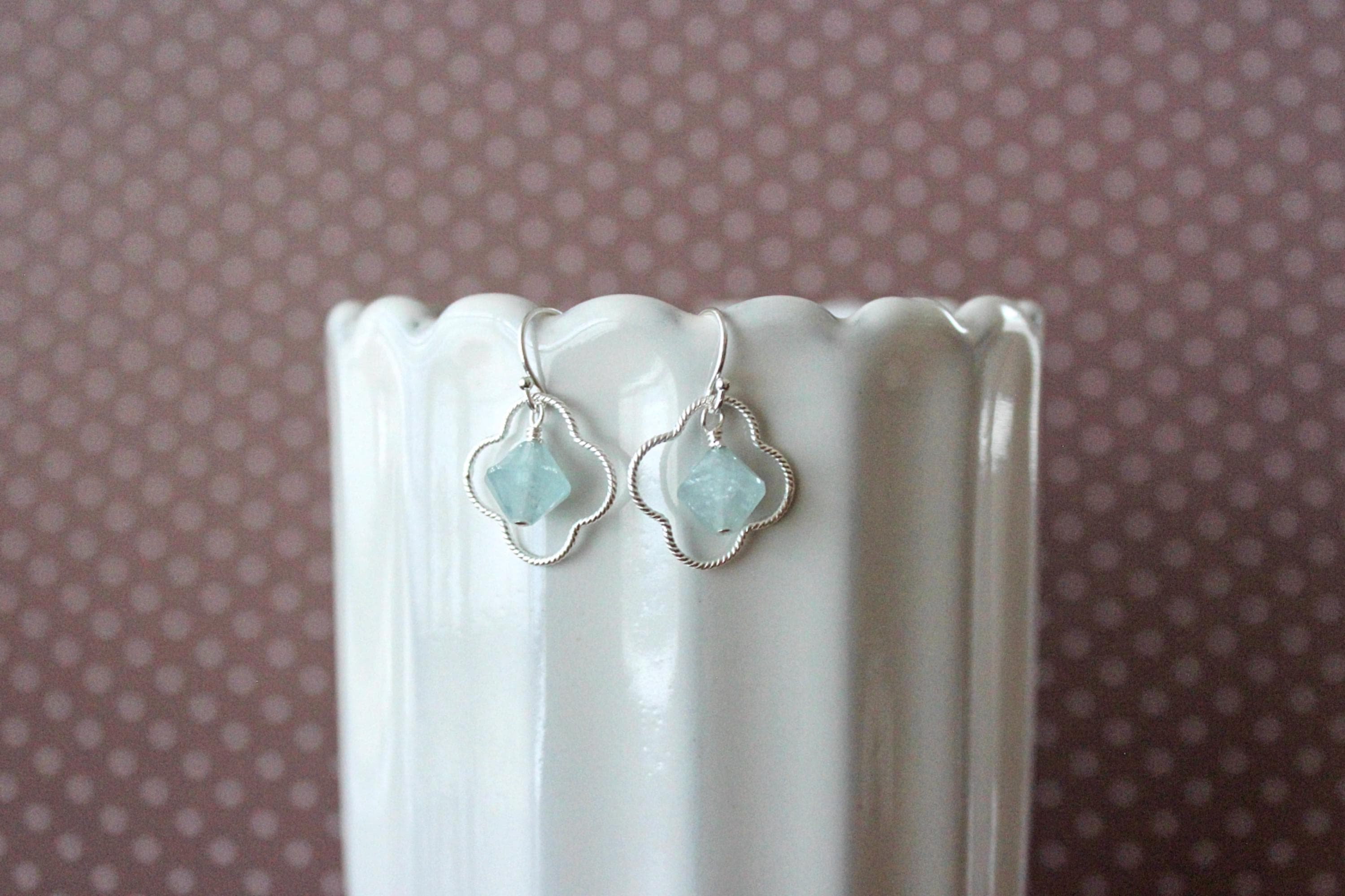 Hollow Quatrefoil Aquamarine Sterling Silver Earrings