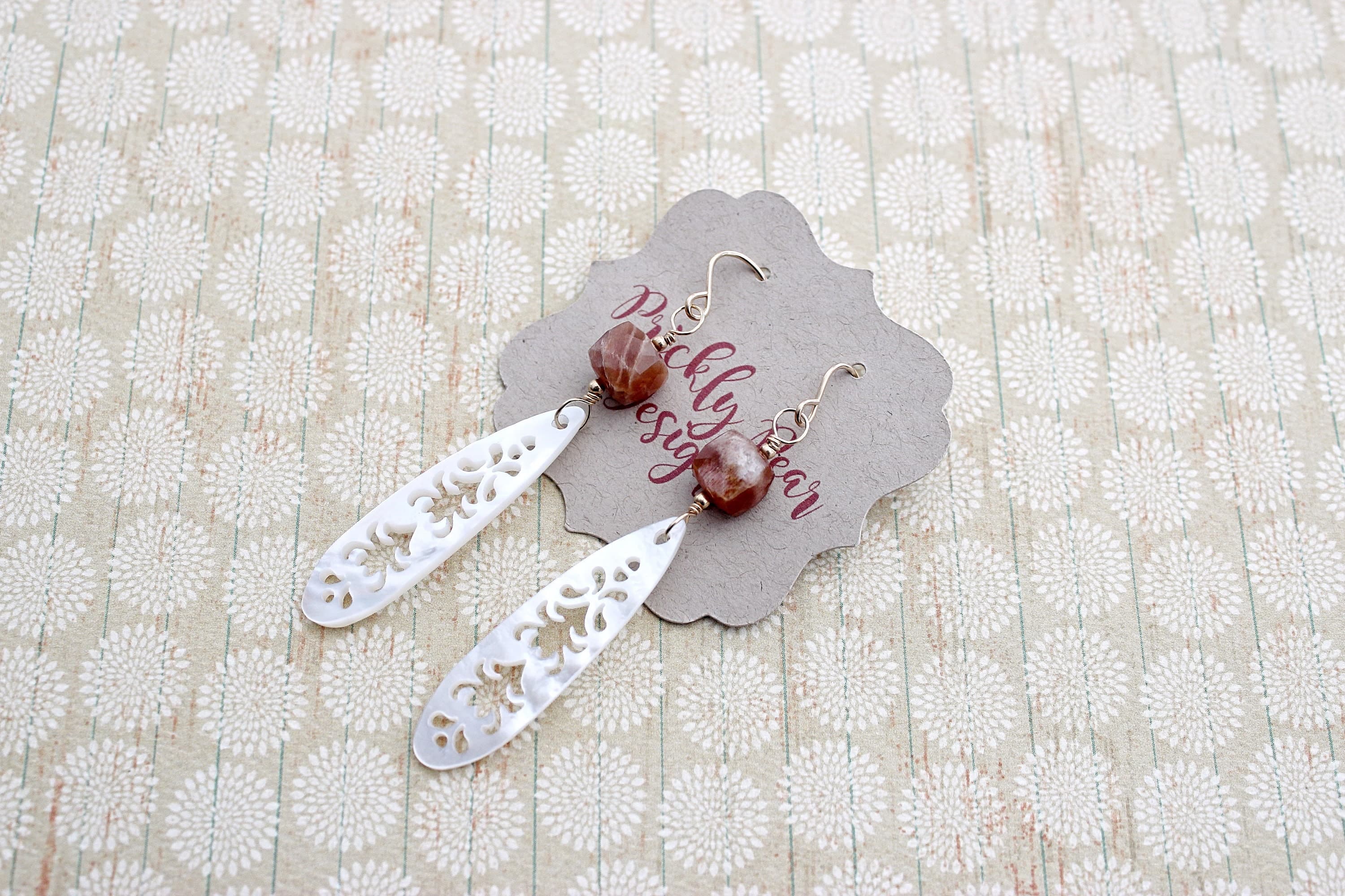 Mother-of-Pearl & Peach Moonstone Cube 14k Gold-Filled Earrings
