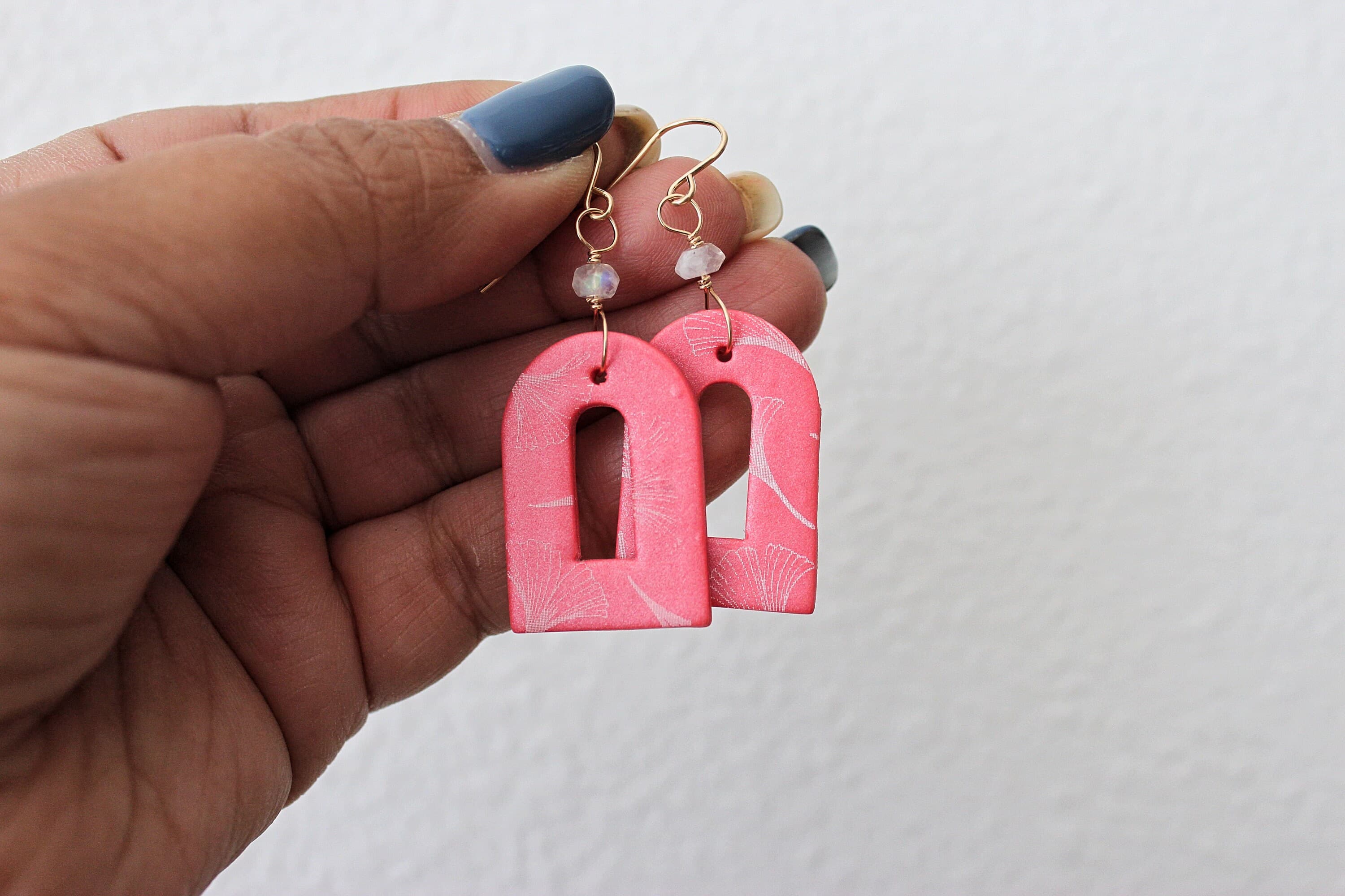 Rainbow Moonstone & Ginkgo Leaf Coral Polymer Clay 14k Gold-Filled Earrings - image 3