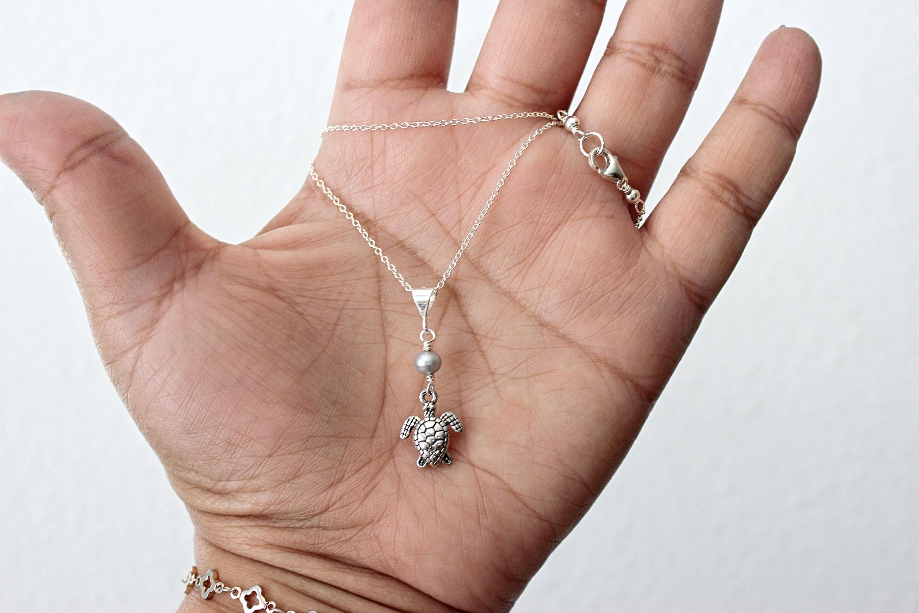 Gray Button Pearl & Sea Turtle Charm 18" Sterling Silver Necklace