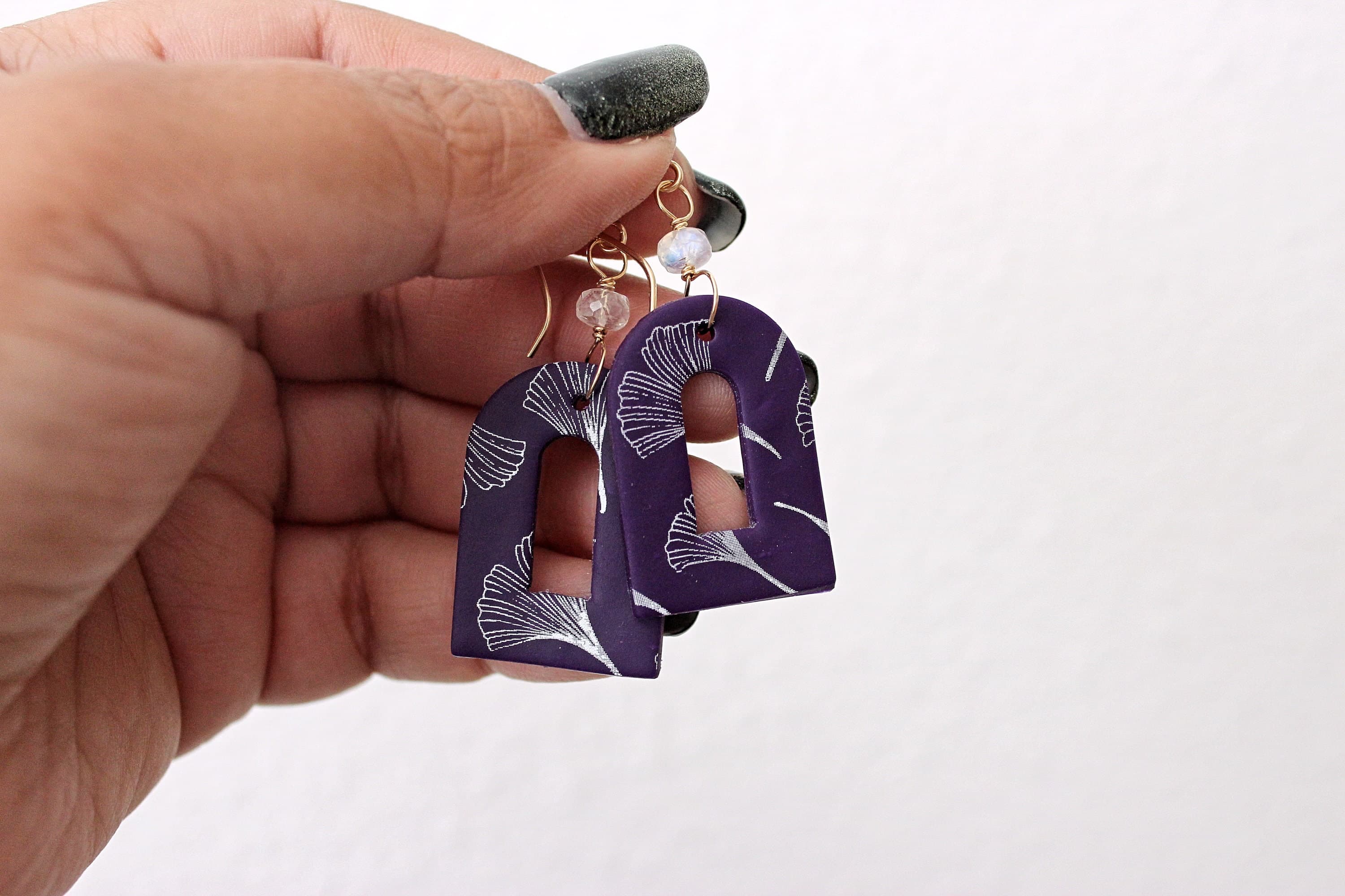 Rainbow Moonstone & Ginkgo Leaf Purple Polymer Clay 14k Gold-Filled Earrings