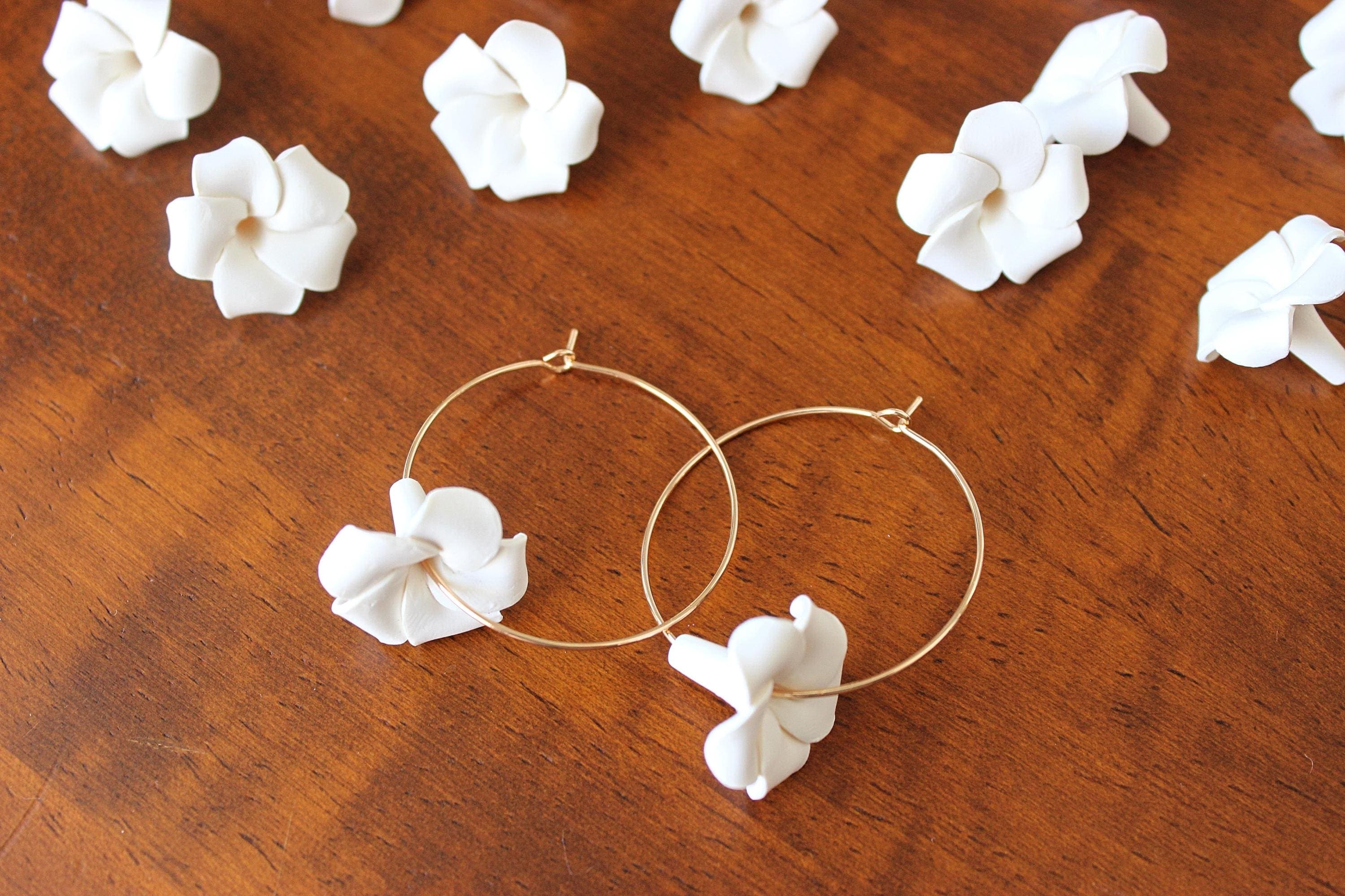 Puakenikeni (Perfume Flower) White Polymer Clay 14k Gold-Filled Hoop Earrings